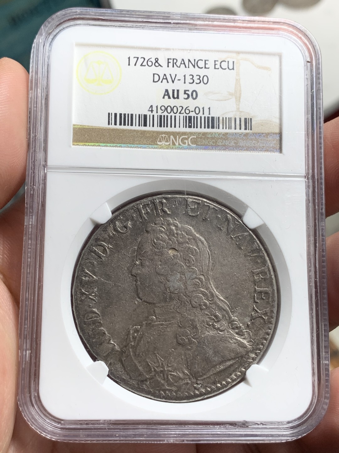 《竞宝斋》第76场-本周日，周一2场连拍（全场不限金额包邮） NGC AU50 1726年法国路易十五埃居 亚军分，稀少厂别埃克斯铸造，深灰包浆，深打压力足，背面边缘有极轻微的减重痕
