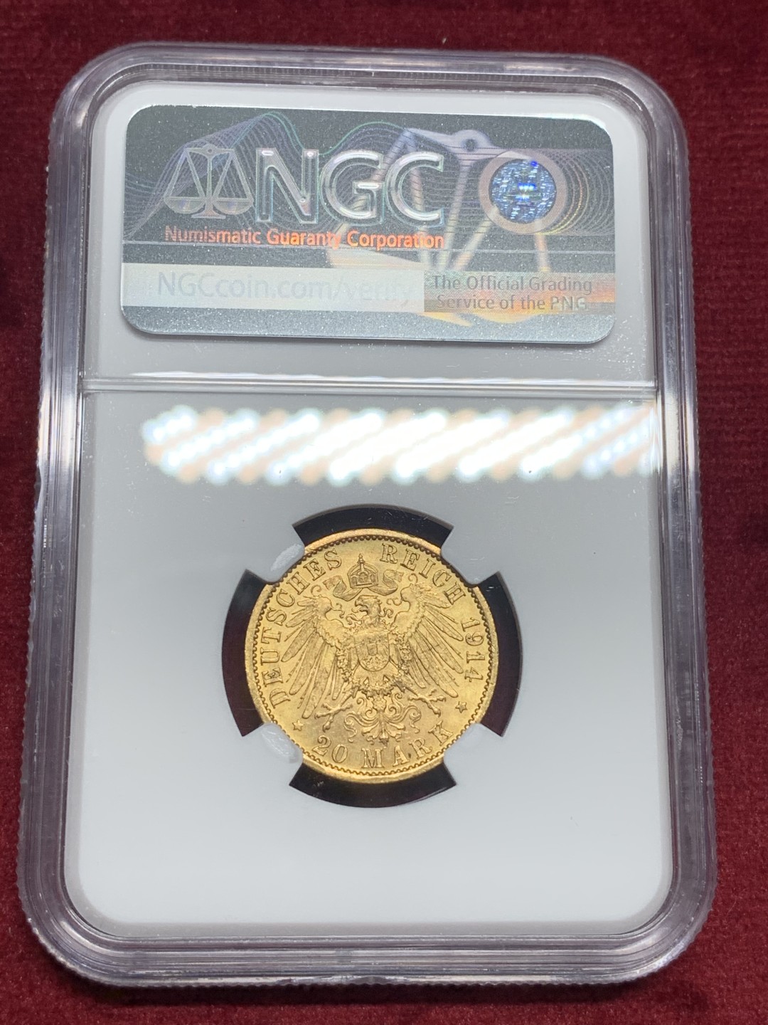 《竞宝斋》第76场-本周日，周一2场连拍（全场不限金额包邮） NGC-MS61 德国普鲁士 1914年 威廉二世军装版 20马克金币 很漂亮的转光