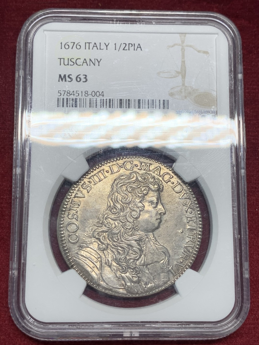 《竞宝斋》第76场-本周日，周一2场连拍（全场不限金额包邮） 唯一冠军 NGC MS63意大利托斯卡纳大公国1676年科西莫三世·德·美第奇1/2piastre。佛罗伦萨铸。单年版，19年一枚略差的裸币 2.7W成交