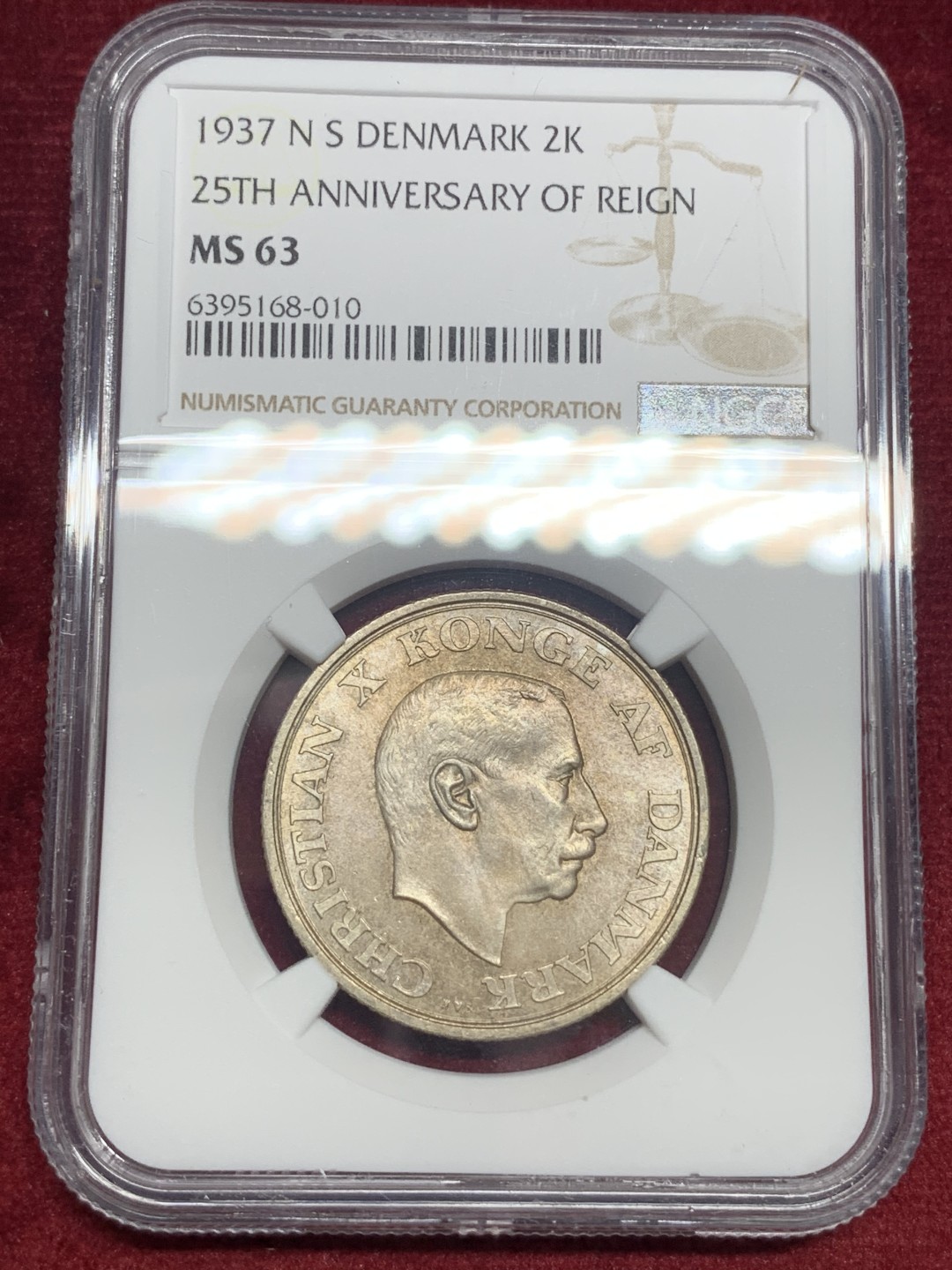 《竞宝斋》第76场-本周日，周一2场连拍（全场不限金额包邮） NGC-MS63 丹麦 1937年二十五周年纪念 2克朗 银币 一流状态少见品种