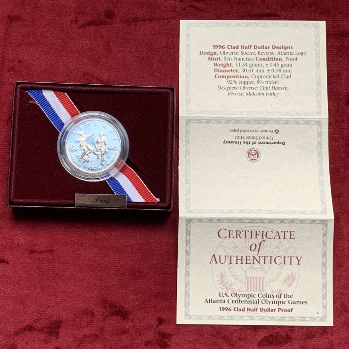 《竞宝斋》第76场-本周日，周一2场连拍（全场不限金额包邮） PROOF原包装证书美国1996年亚特兰大奥运会女足1/2美元纪念币