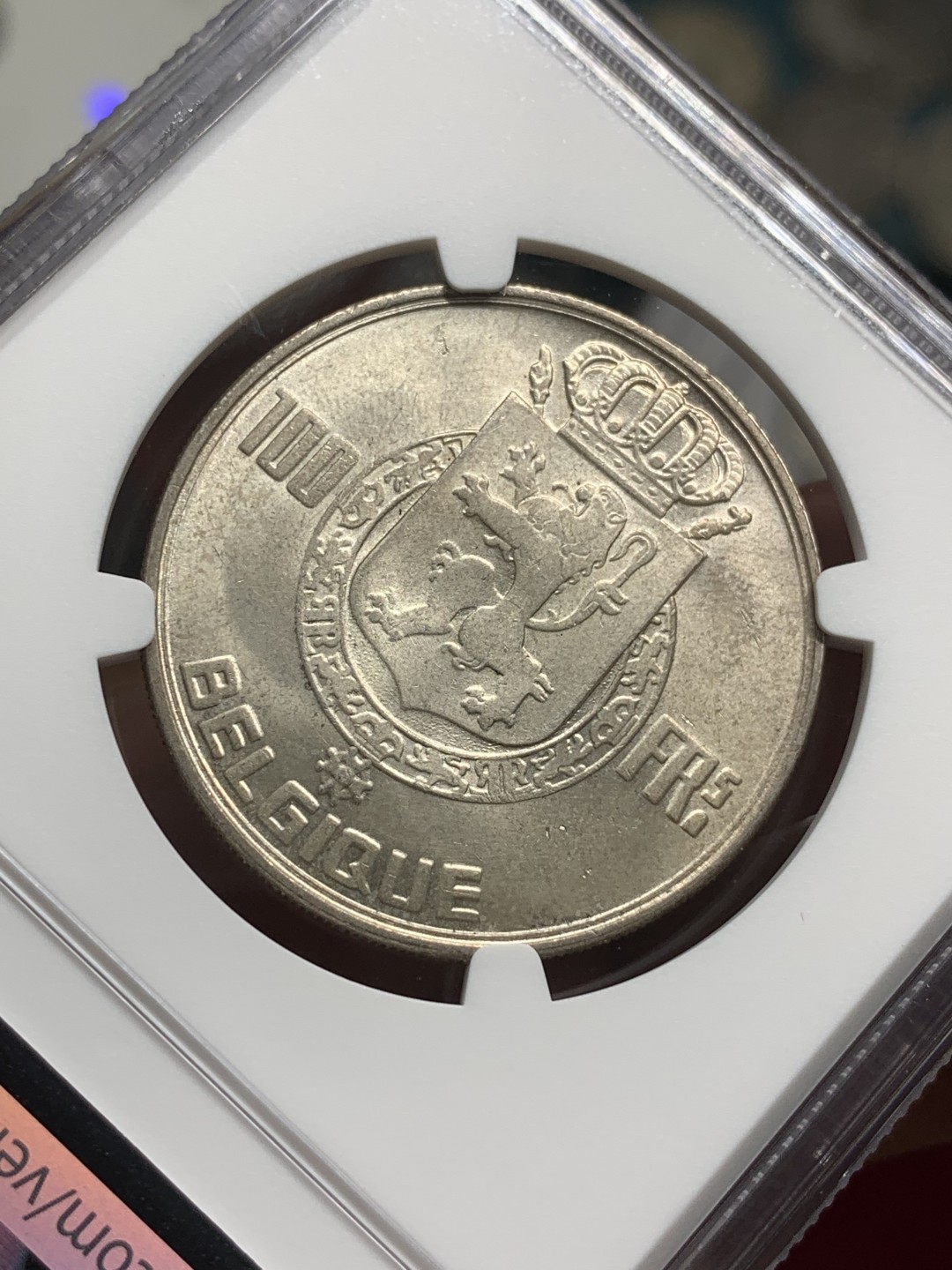 《竞宝斋》第76场-本周日，周一2场连拍（全场不限金额包邮） NGC-MS64 比利时 1954年 四皇头像 法语版 100法郎大银币 顶级好品