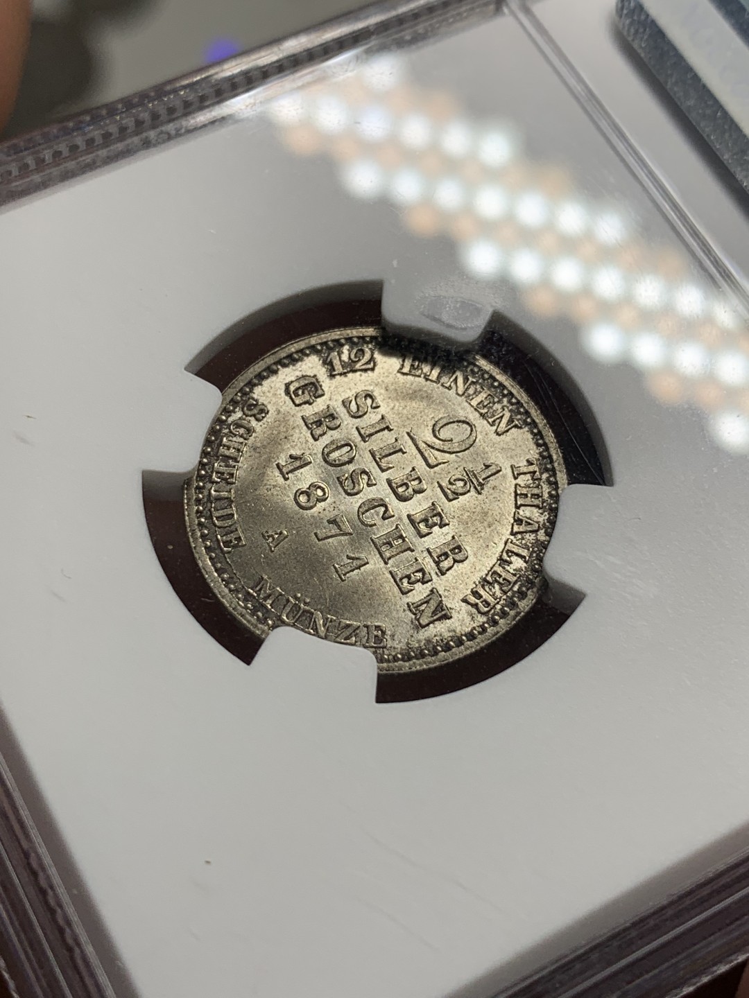 《竞宝斋》第76场-本周日，周一2场连拍（全场不限金额包邮） NGC-MS64 德国 普鲁士1871年2.5格罗申银币 车轮转光 金色包浆 收藏级完美品相精品德系辅币