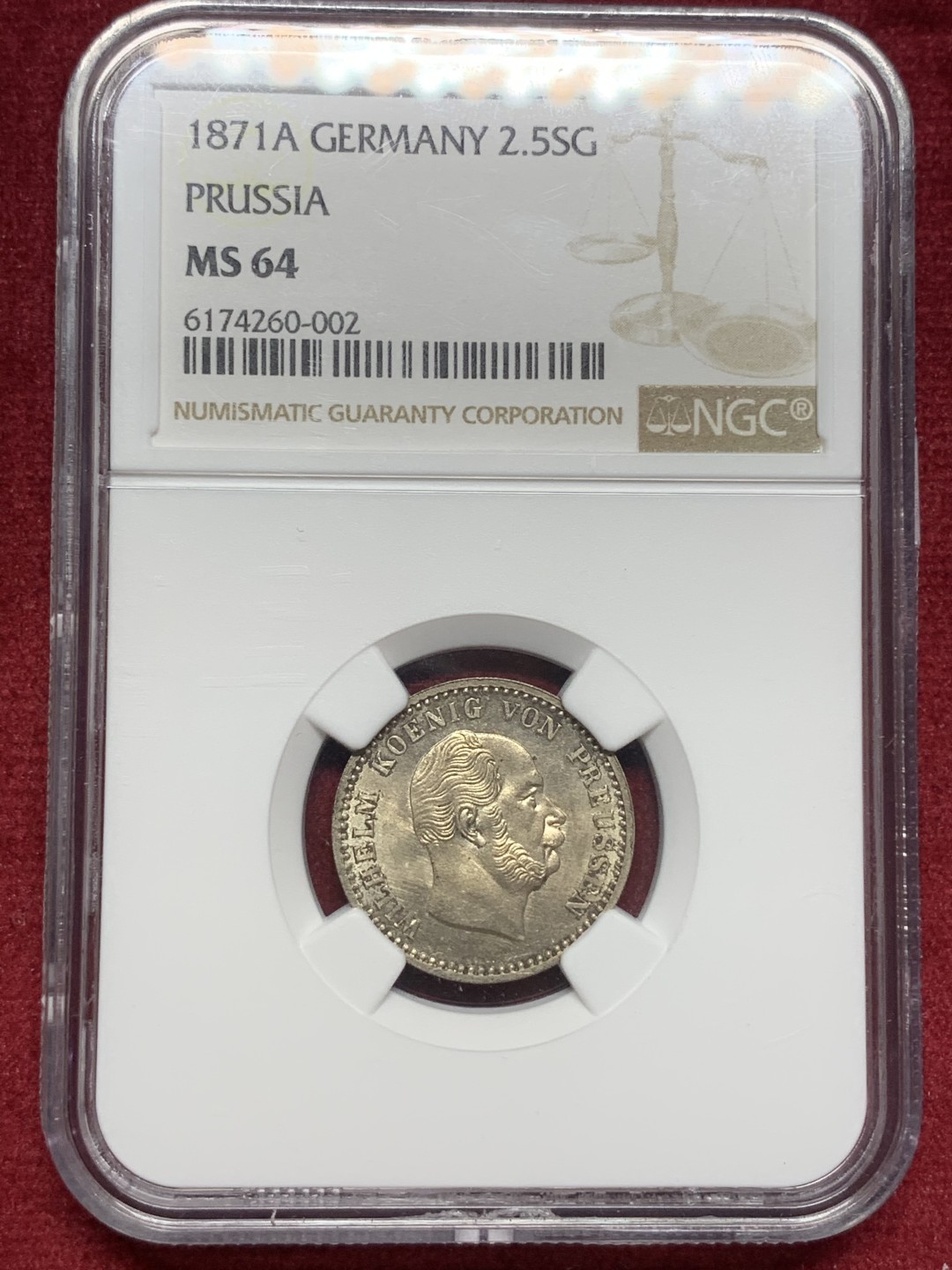 《竞宝斋》第76场-本周日，周一2场连拍（全场不限金额包邮） NGC-MS64 德国 普鲁士1871年2.5格罗申银币 车轮转光 金色包浆 收藏级完美品相精品德系辅币