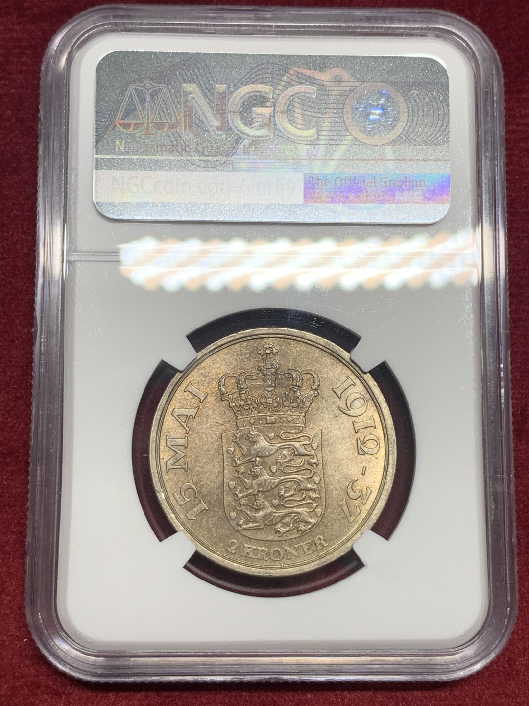 《竞宝斋》第76场-本周日，周一2场连拍（全场不限金额包邮） NGC-MS63 丹麦 1937年二十五周年纪念 2克朗 银币 一流状态少见品种