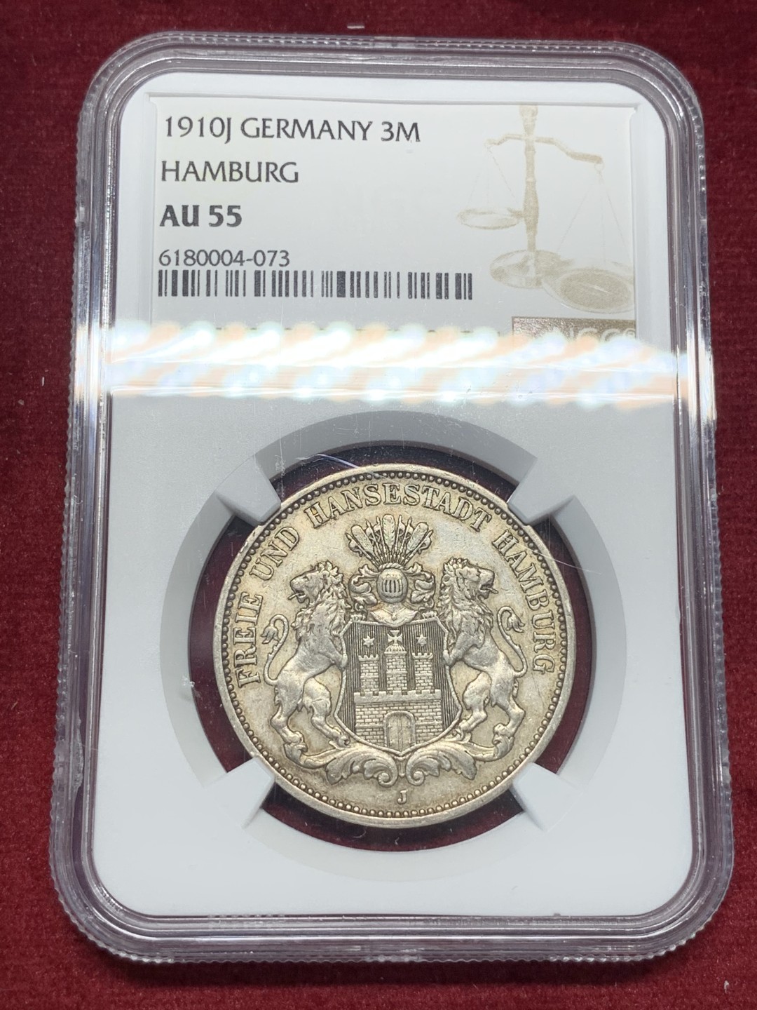 《竞宝斋》第76场-本周日，周一2场连拍（全场不限金额包邮） NGC-AU55 德国汉堡双狮 1910年J厂 3马克 银币 发行量较少 细节清晰
