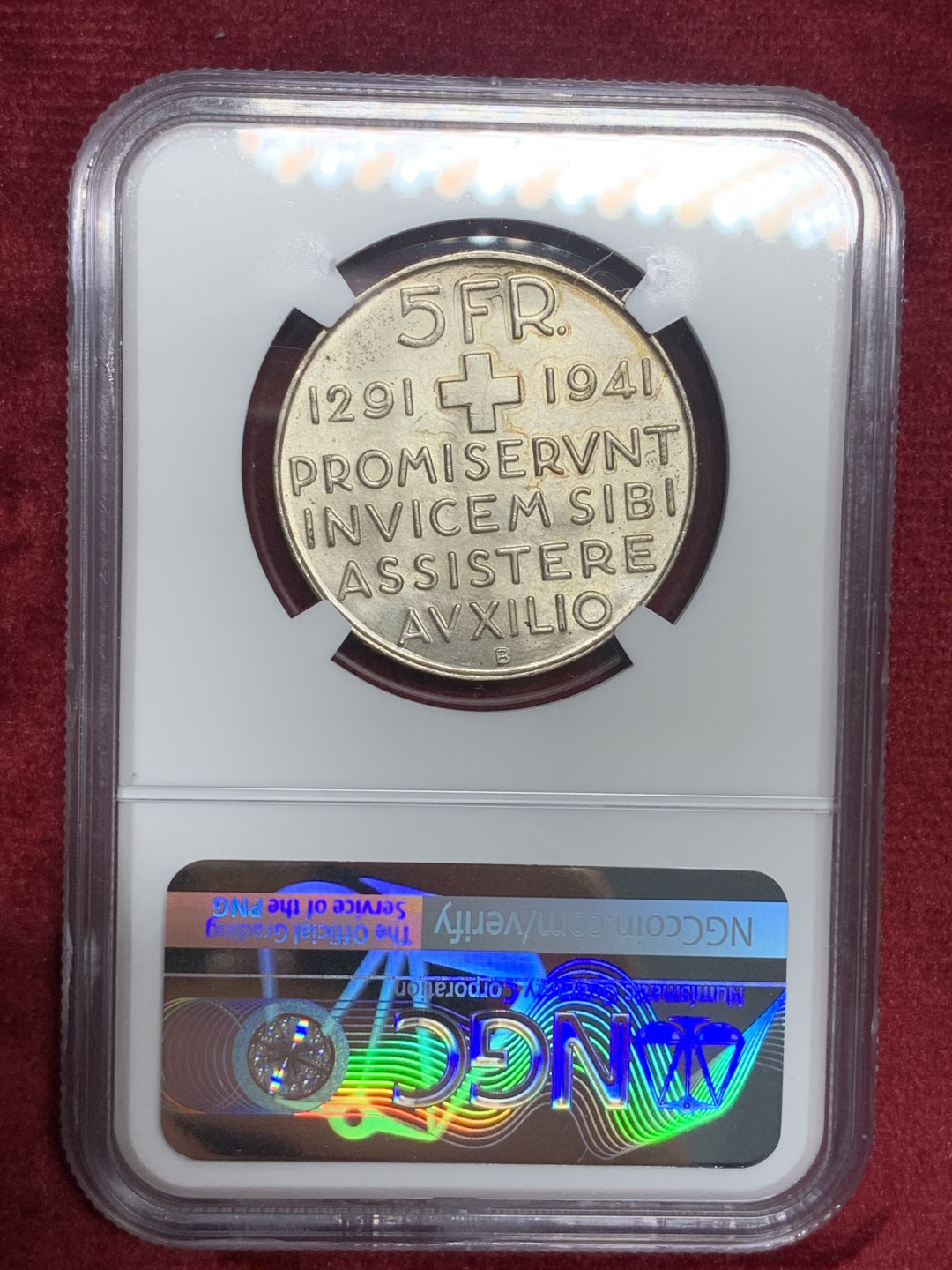 《竞宝斋》第76场-本周日，周一2场连拍（全场不限金额包邮） NGC-MS65 瑞士 1941年 联邦650周年纪念 5法郎银币 顶级品相