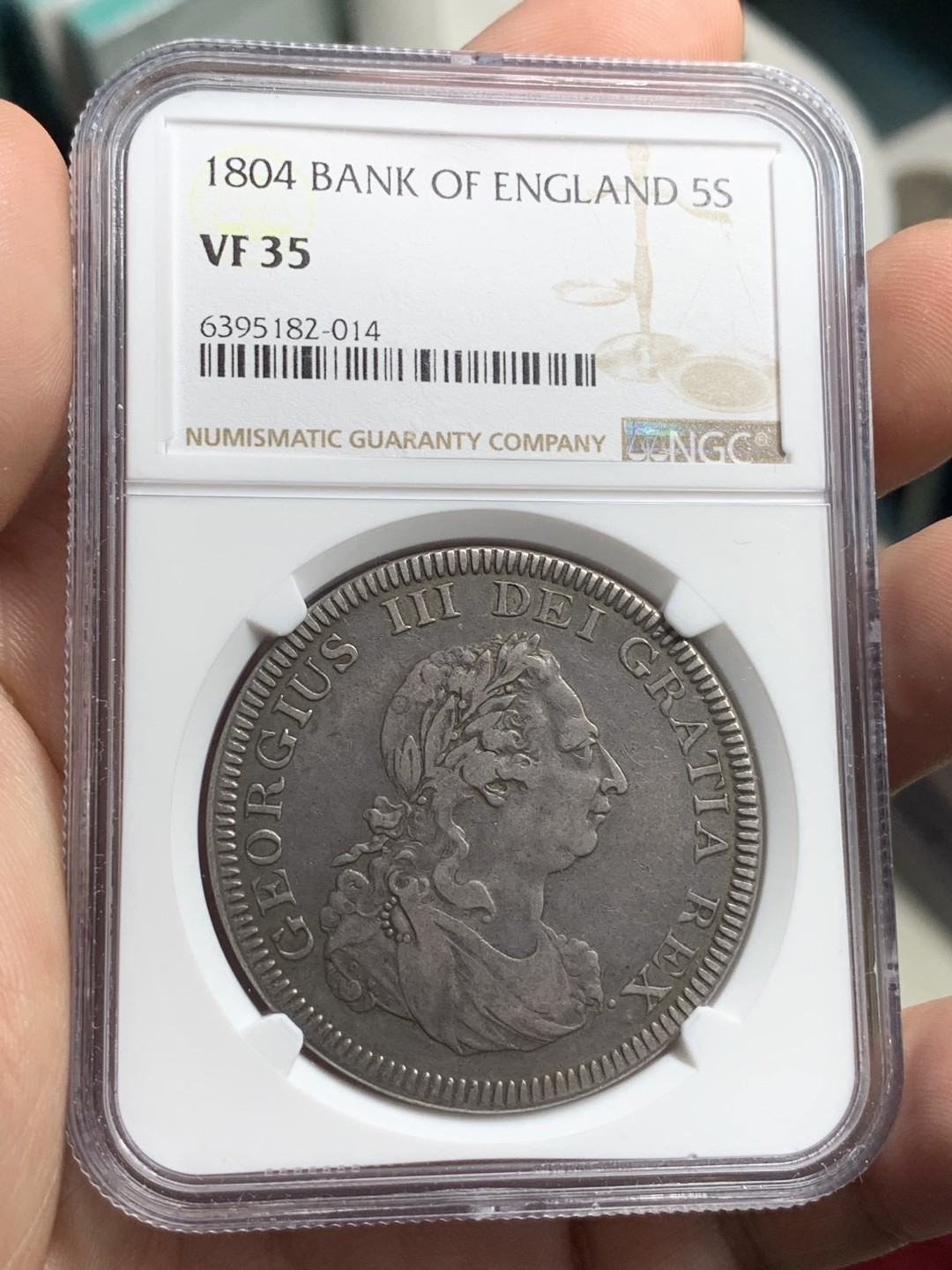 《竞宝斋》第76场-本周日，周一2场连拍（全场不限金额包邮） NGC-VF35 英国乔三 1804年 英格兰银行 5先令大银币 一流的传世包浆 暴涨品种