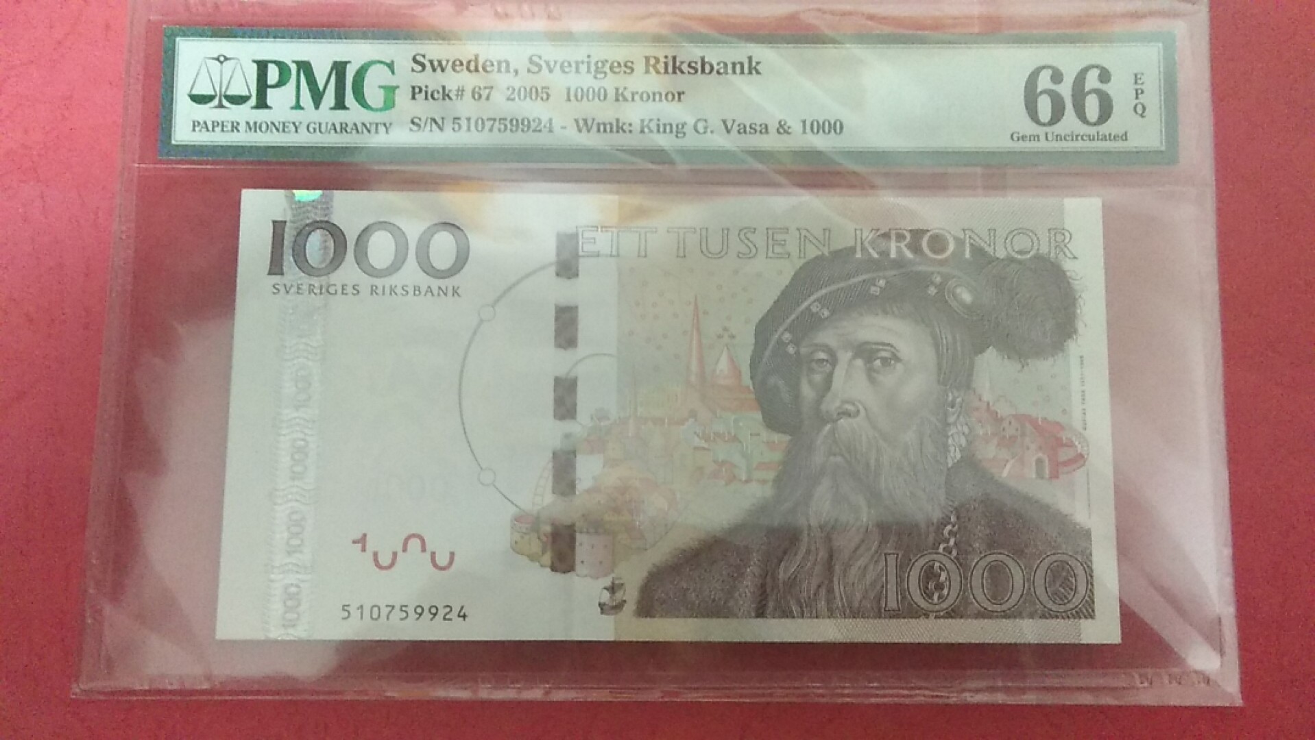 瑞典2005年1000克朗 有宽金属线 号码开头数字为5 实物图 UNC  