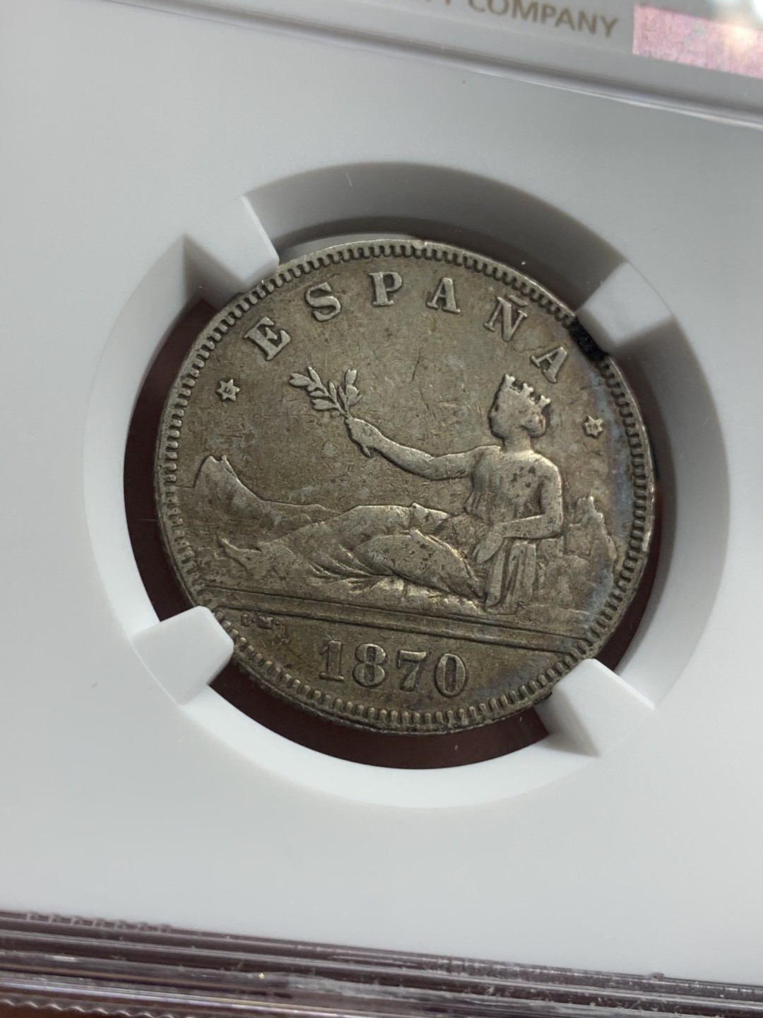 《竞宝斋》第76场-本周日，周一2场连拍（全场不限金额包邮） NGC-XF40 西班牙 1870年 坐人拿花 2比塞塔小双柱银币 原味好品 出分难得