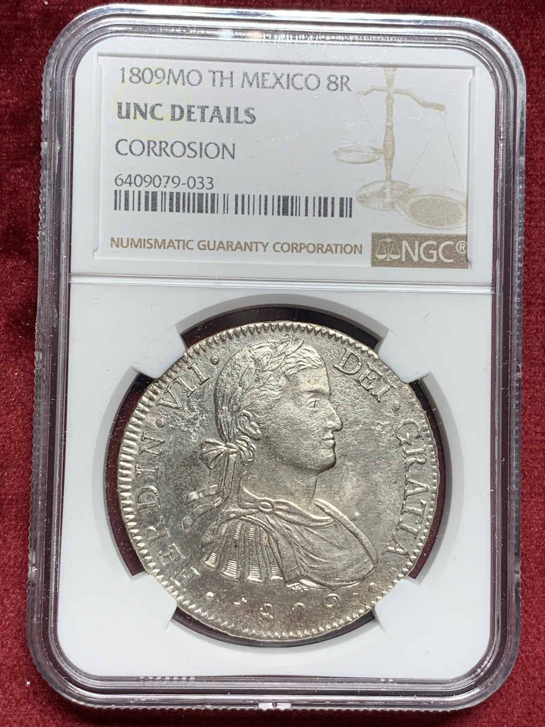 《竞宝斋》第76场-本周日，周一2场连拍（全场不限金额包邮） NGC UNC 墨西哥 1809  费七 8R 双柱 大银币 双面深打 细节非常好