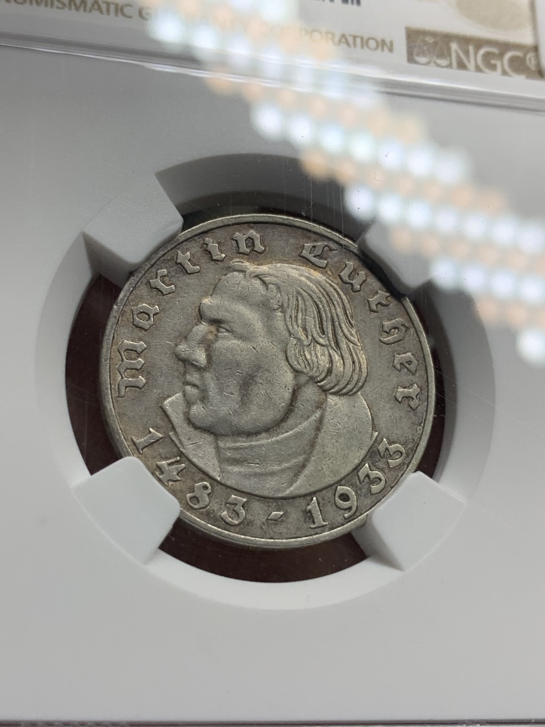 《竞宝斋》第76场-本周日，周一2场连拍（全场不限金额包邮） NGC-AU50 德国第三帝国马丁路德 1933年A厂 2马克 银币 发行量较少 细节清晰