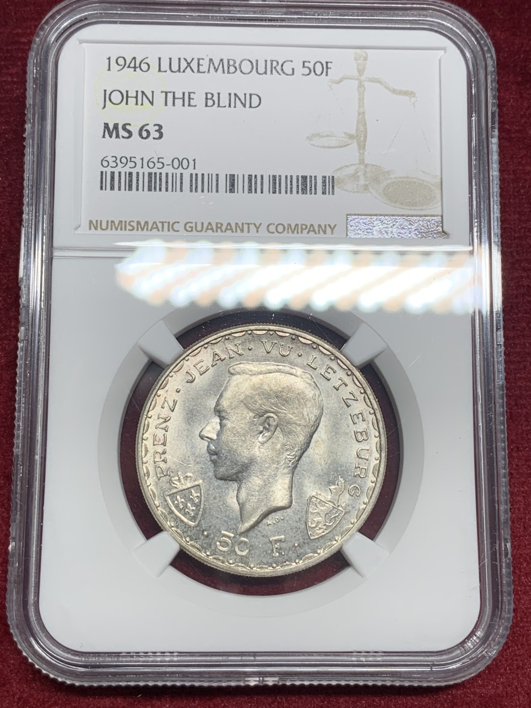 《竞宝斋》第76场-本周日，周一2场连拍（全场不限金额包邮） NGC-MS63 卢森堡 1946年 马剑 50法郎 银币少见品种