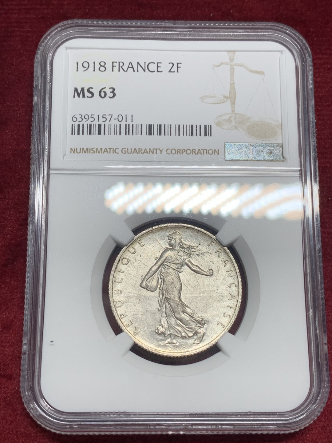 《竞宝斋》第76场-本周日，周一2场连拍（全场不限金额包邮） NGC-MS63 法国1918年 播种女神2法郎 银币 一流的好品