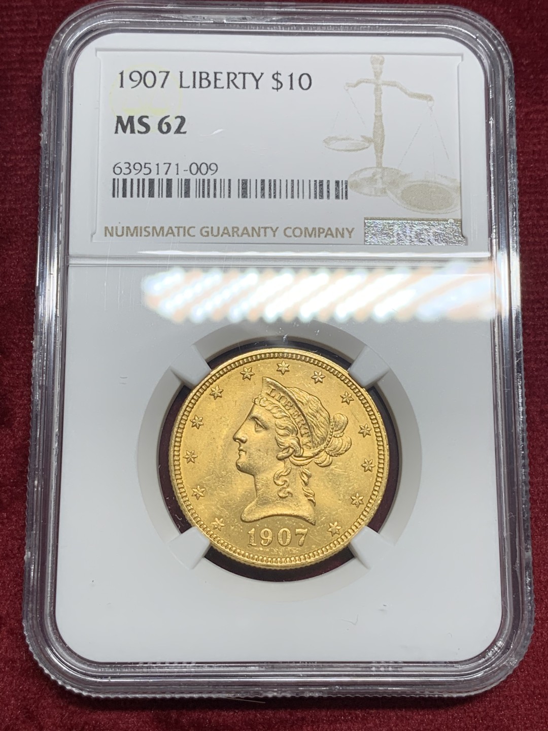 《竞宝斋》第76场-本周日，周一2场连拍（全场不限金额包邮） NGC-MS62 美国 1907年 老鹰 10美元金币 早期自由女神头像 一流的品相 非常少见