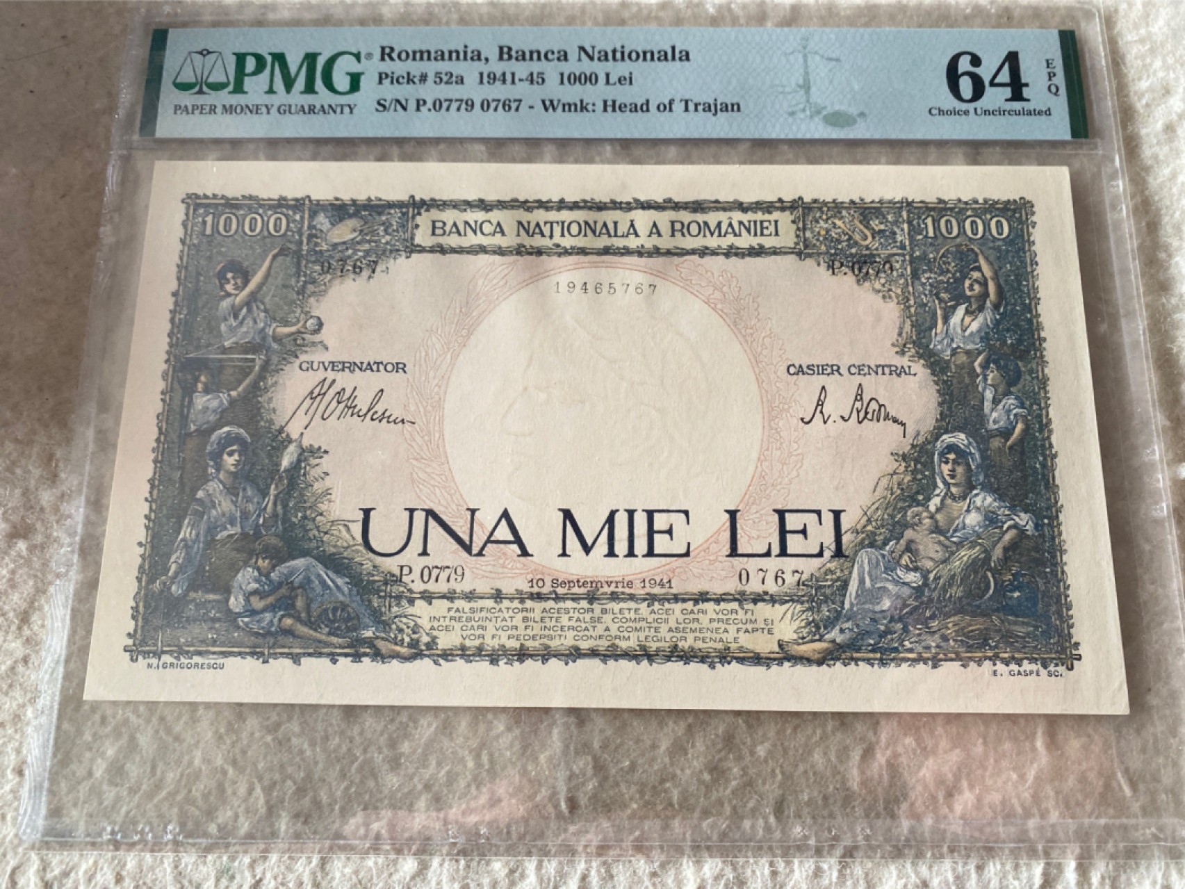 收藏联盟Quantum Auction 第177期拍卖 罗马尼亚1941年1000列伊 PMG64E 法属风格大票幅
