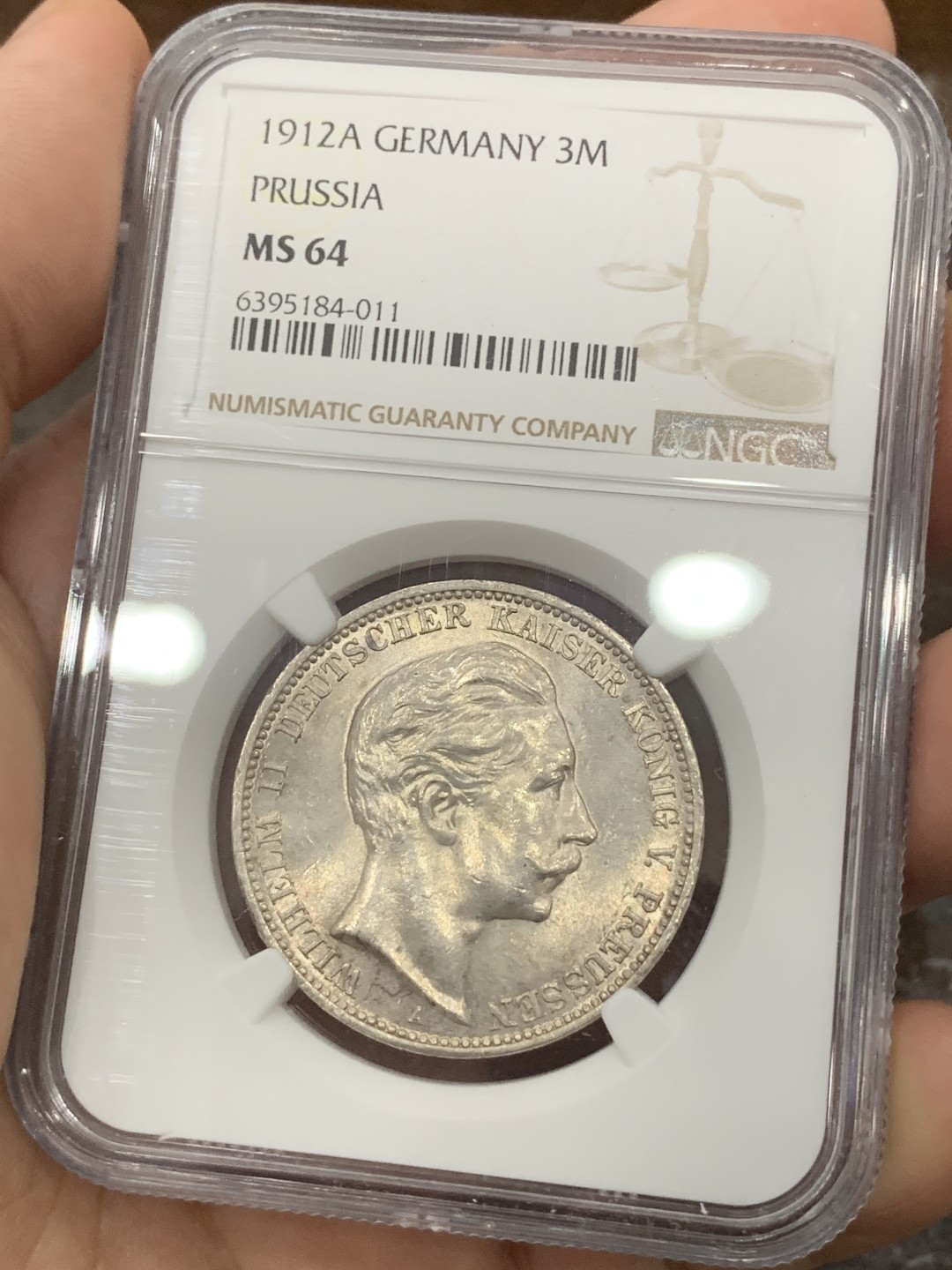 《竞宝斋》第76场-本周日，周一2场连拍（全场不限金额包邮） NGC-MS64 德国1912年 普鲁士威廉二世 3马克银币 原光好品 这样的东西现在也越来越贵