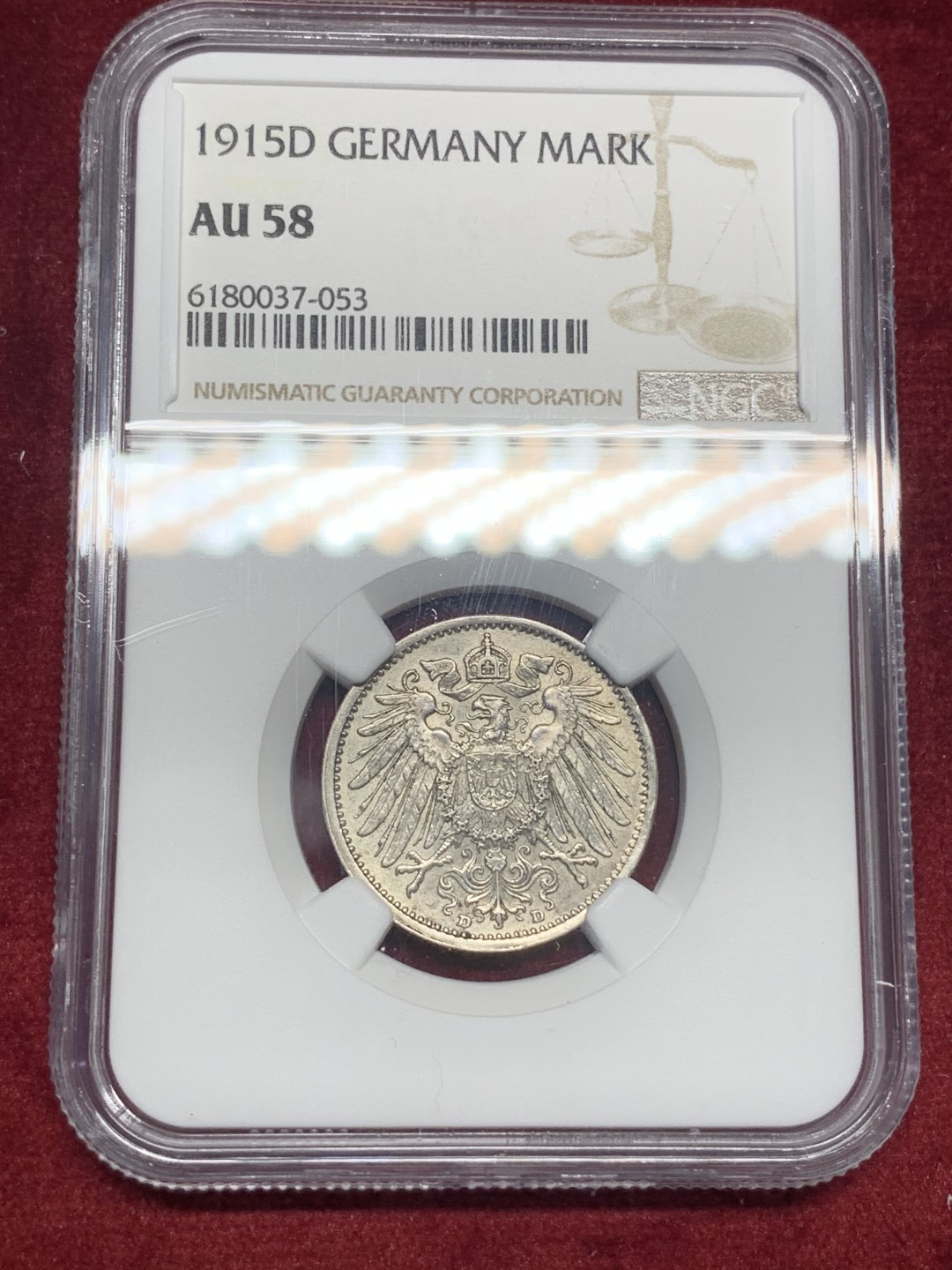 《竞宝斋》第76场-本周日，周一2场连拍（全场不限金额包邮） NGC-AU58 德国 1915年D厂 1马克 银币 细节清晰