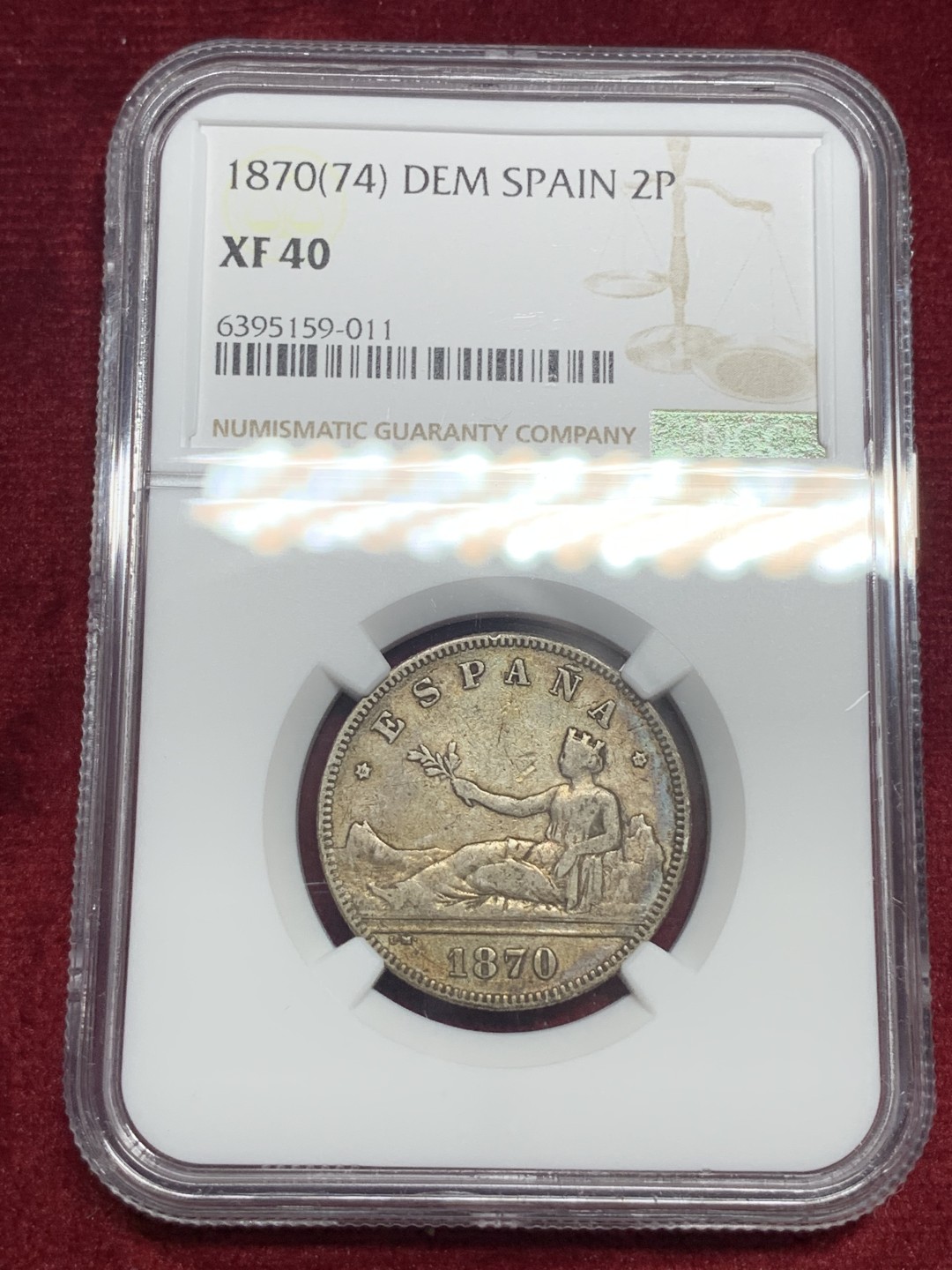 《竞宝斋》第76场-本周日，周一2场连拍（全场不限金额包邮） NGC-XF40 西班牙 1870年 坐人拿花 2比塞塔小双柱银币 原味好品 出分难得