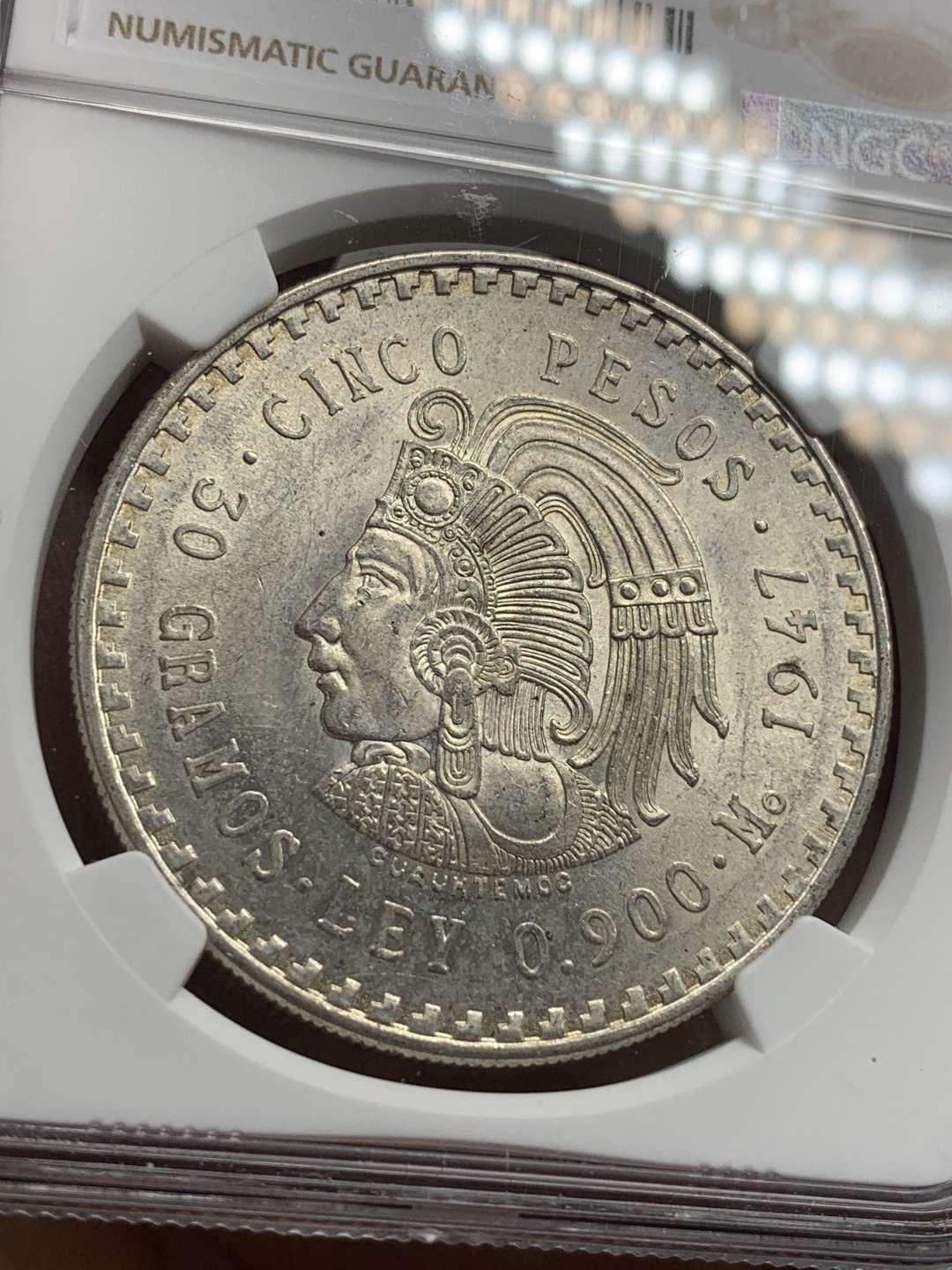 《竞宝斋》第76场-本周日，周一2场连拍（全场不限金额包邮） NGC-MS62 墨西哥 1947年印第安人 5比索大银币 好品原光