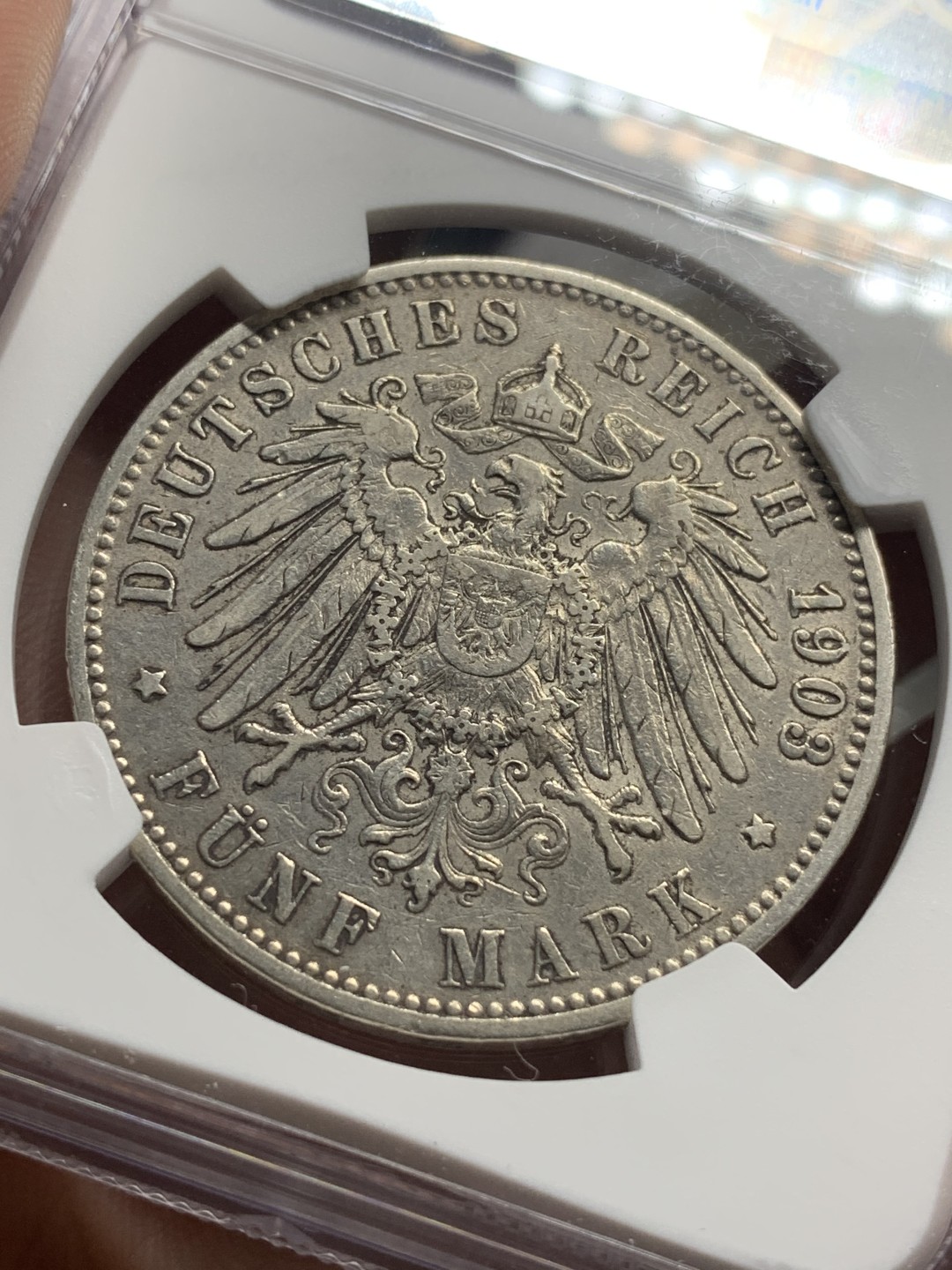 《竞宝斋》第76场-本周日，周一2场连拍（全场不限金额包邮） NGC-XF40 德国汉堡双狮 1903年J厂 5马克 银币 发行量较少 细节不错