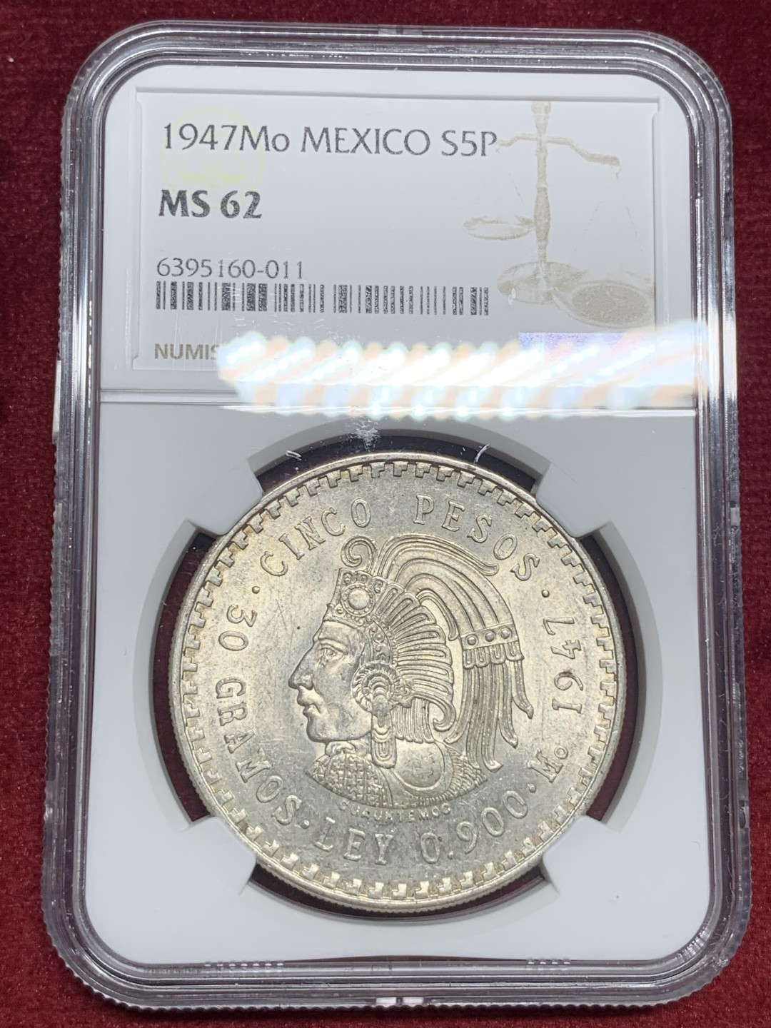 《竞宝斋》第76场-本周日，周一2场连拍（全场不限金额包邮） NGC-MS62 墨西哥 1947年印第安人 5比索大银币 好品原光