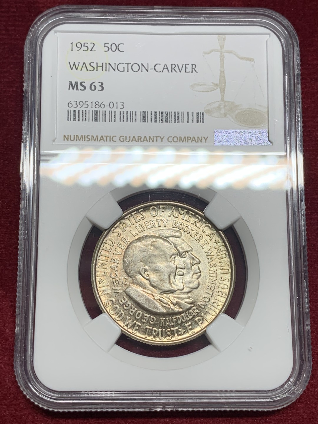 《竞宝斋》第76场-本周日，周一2场连拍（全场不限金额包邮） NGC-MS63 美国 1952年 华盛顿 半圆银币 顶级品相 淡彩包浆很舒服