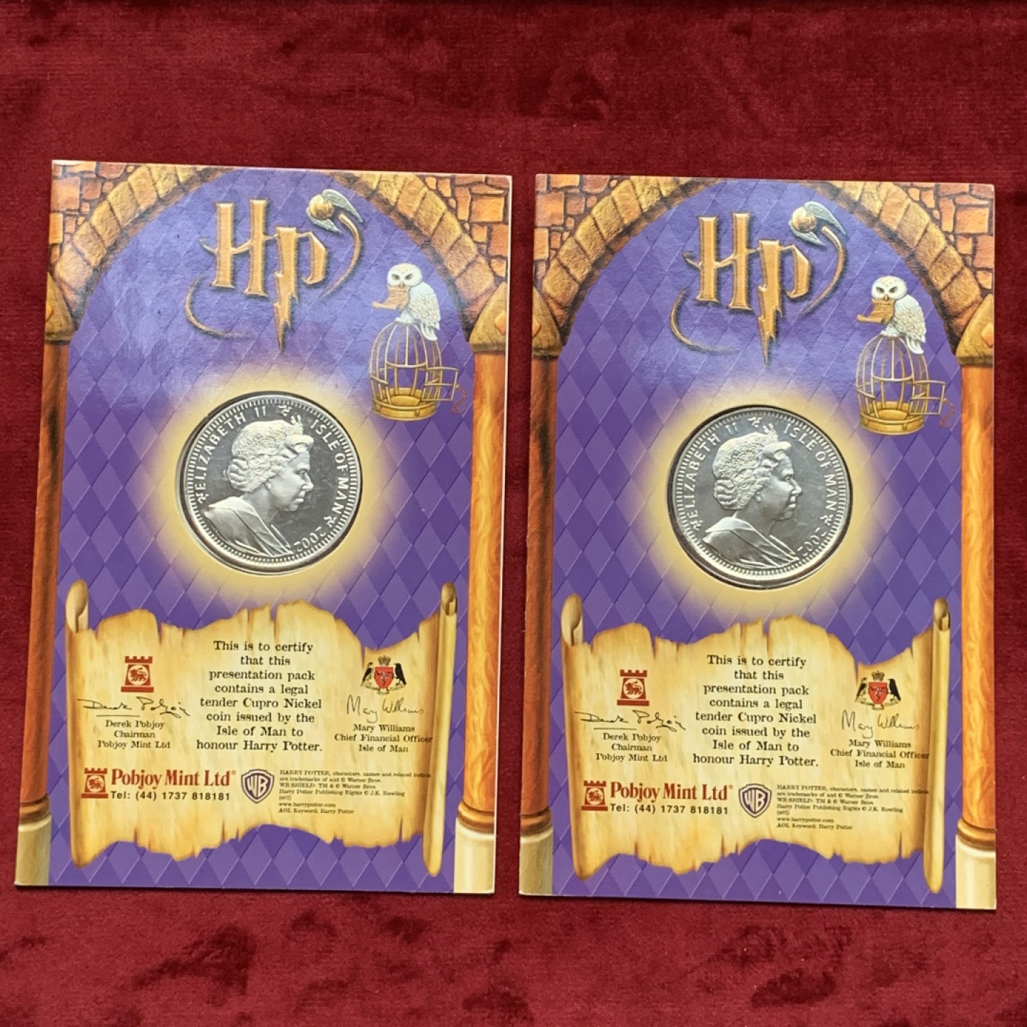 《竞宝斋》第76场-本周日，周一2场连拍（全场不限金额包邮） 2枚一组 原包装马恩岛2002年1克朗哈利波特纪念币2枚
