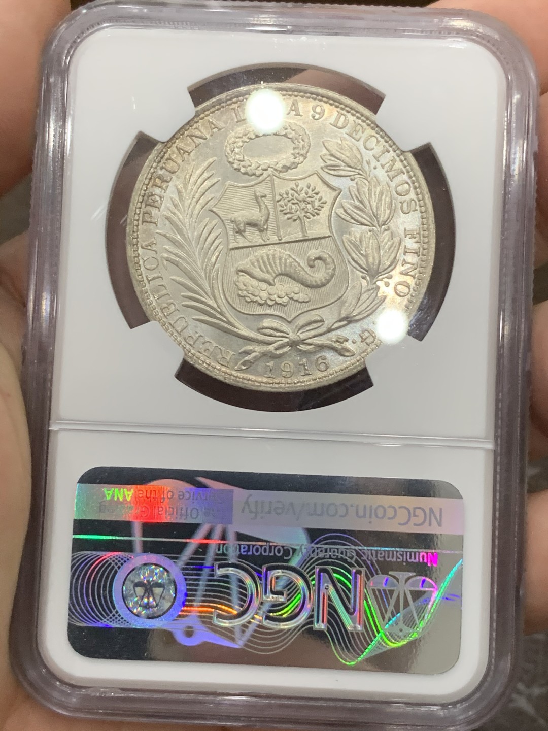 《竞宝斋》第76场-本周日，周一2场连拍（全场不限金额包邮） NGC-MS62 1916年 秘鲁1索尔 坐人大银币 银光强烈，环彩包浆，绝对低评的状态。南美洲银币涨势明显，上车就是现在！