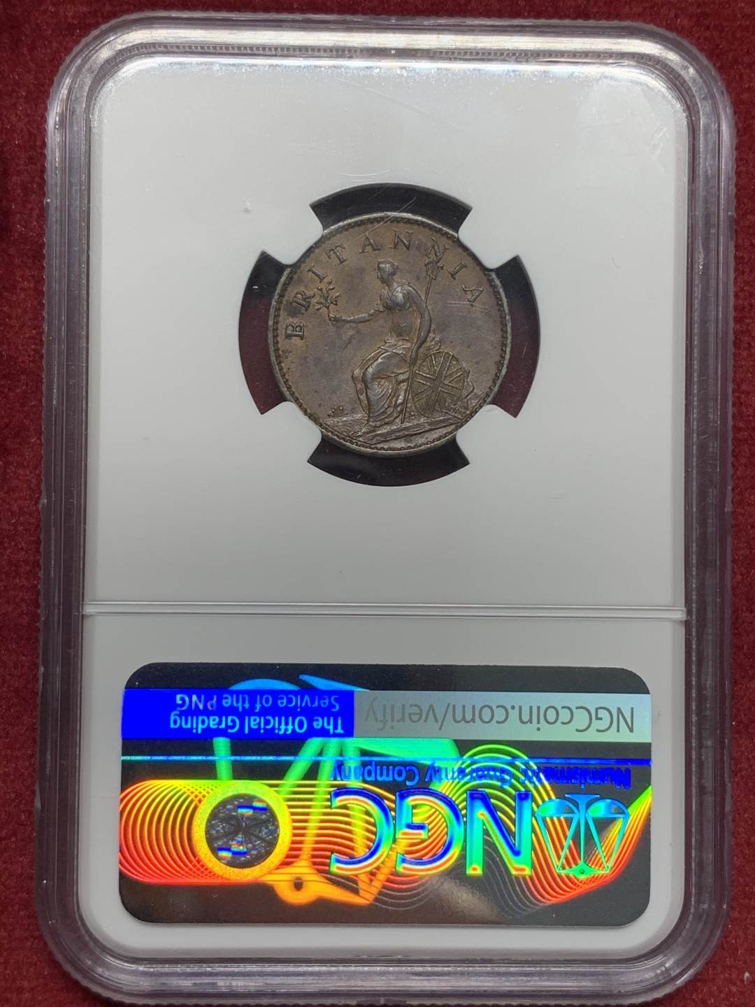 《竞宝斋》第76场-本周日，周一2场连拍（全场不限金额包邮） NGC-AU55BN 英国1806年1/4便士铜币 非常苛刻的严评 人像面高点几无损失