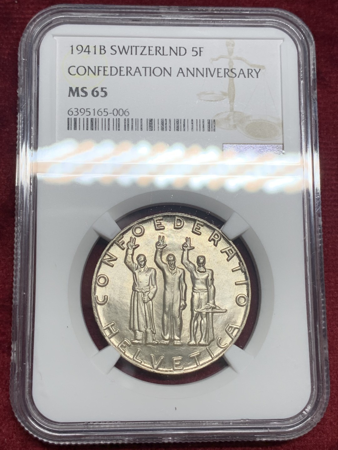 《竞宝斋》第76场-本周日，周一2场连拍（全场不限金额包邮） NGC-MS65 瑞士 1941年 联邦650周年纪念 5法郎银币 顶级品相