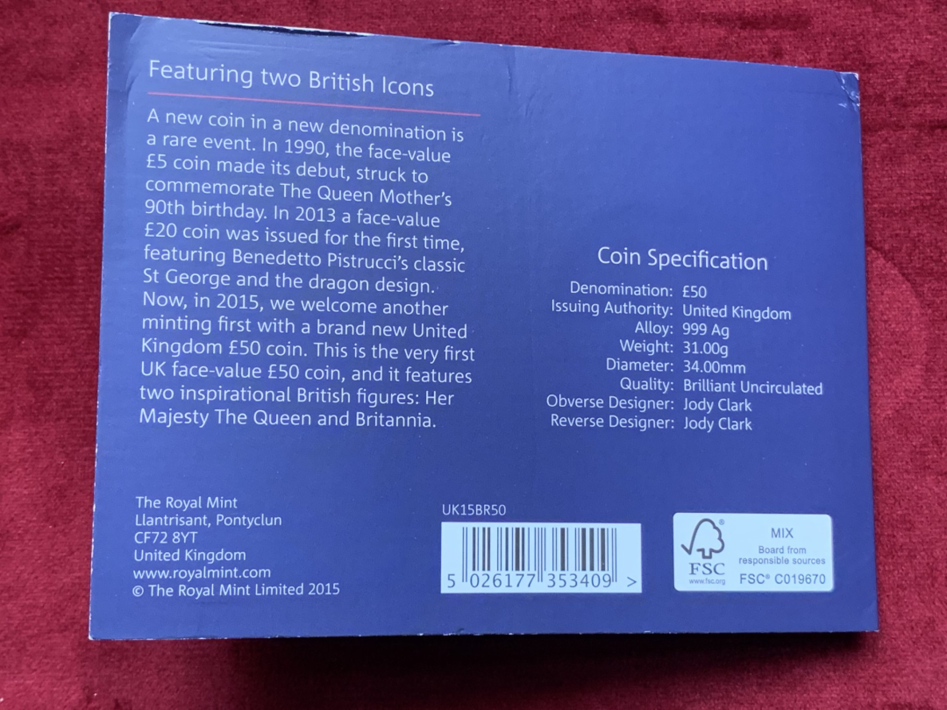 《竞宝斋》第76场-本周日，周一2场连拍（全场不限金额包邮） 英国 2015年不列颠尼亚女神50英镑纪念银币 带原包装