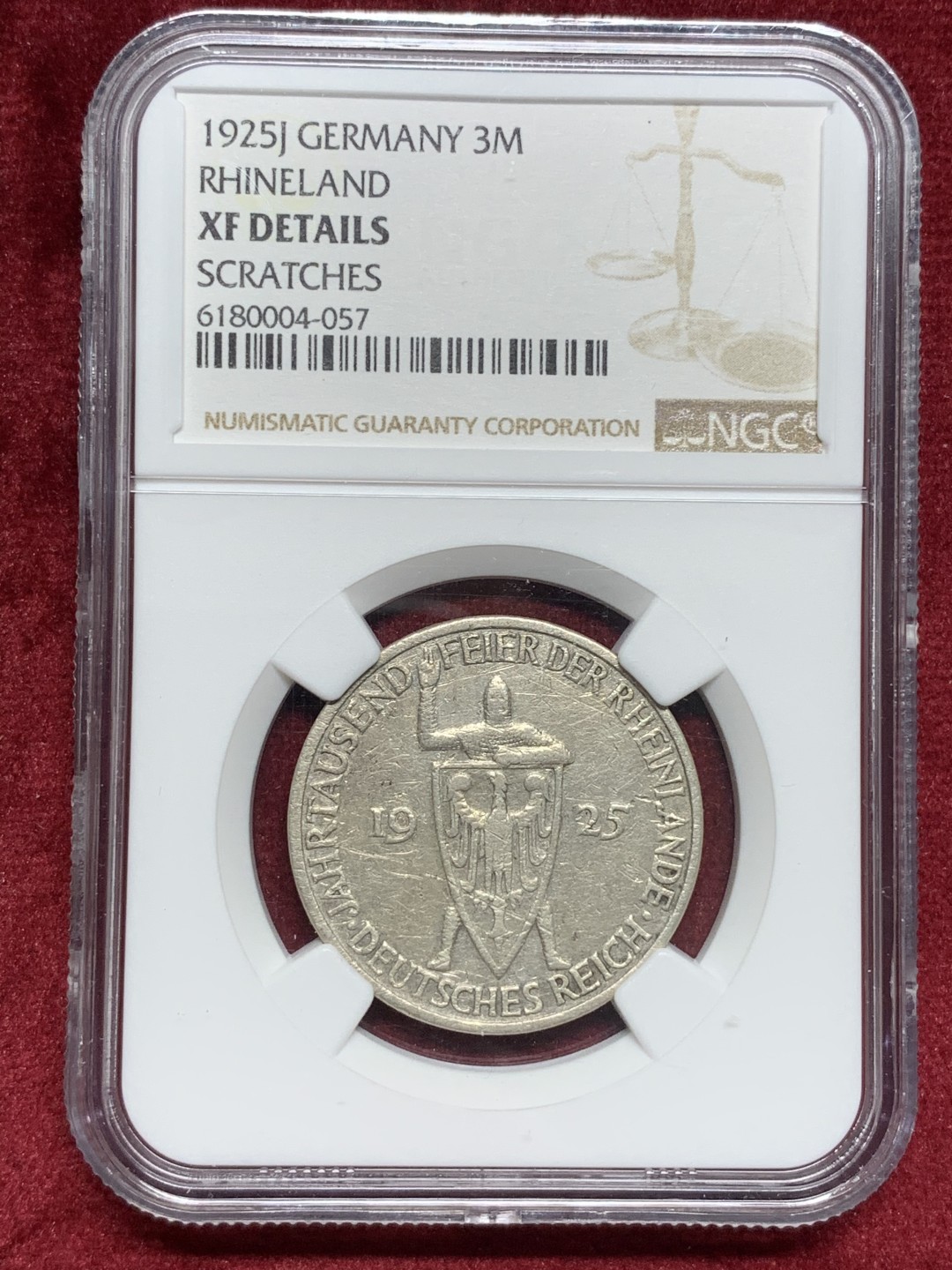 《竞宝斋》第76场-本周日，周一2场连拍（全场不限金额包邮） NGC-XFD 德国魏玛时期莱茵千年 1925年J厂  3马克 银币 细节清晰