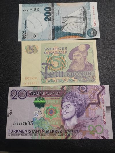 《外钞收藏家》第一百九十期 - 佛得角、瑞典、土库曼斯坦 三张精美纸币一起 全新UNC