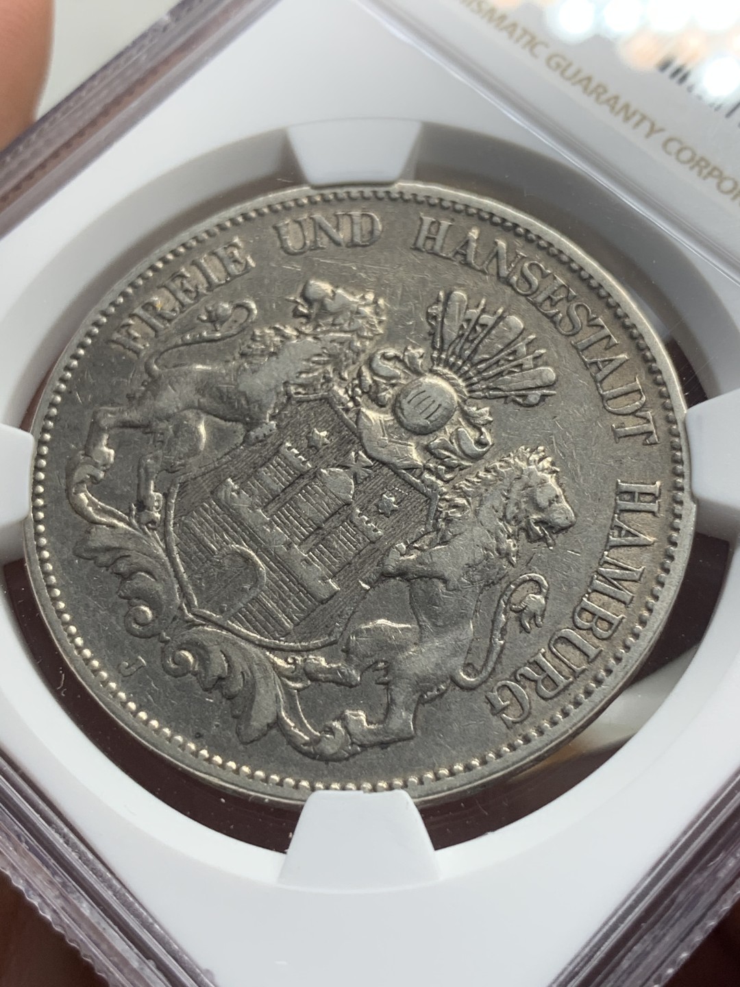 《竞宝斋》第76场-本周日，周一2场连拍（全场不限金额包邮） NGC-XF40 德国汉堡双狮 1903年J厂 5马克 银币 发行量较少 细节不错