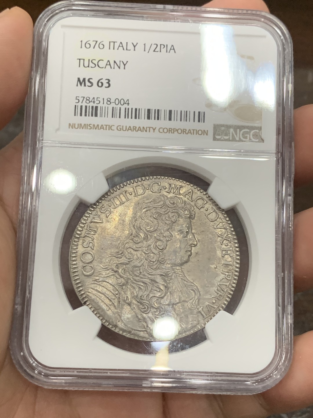 《竞宝斋》第76场-本周日，周一2场连拍（全场不限金额包邮） 唯一冠军 NGC MS63意大利托斯卡纳大公国1676年科西莫三世·德·美第奇1/2piastre。佛罗伦萨铸。单年版，19年一枚略差的裸币 2.7W成交