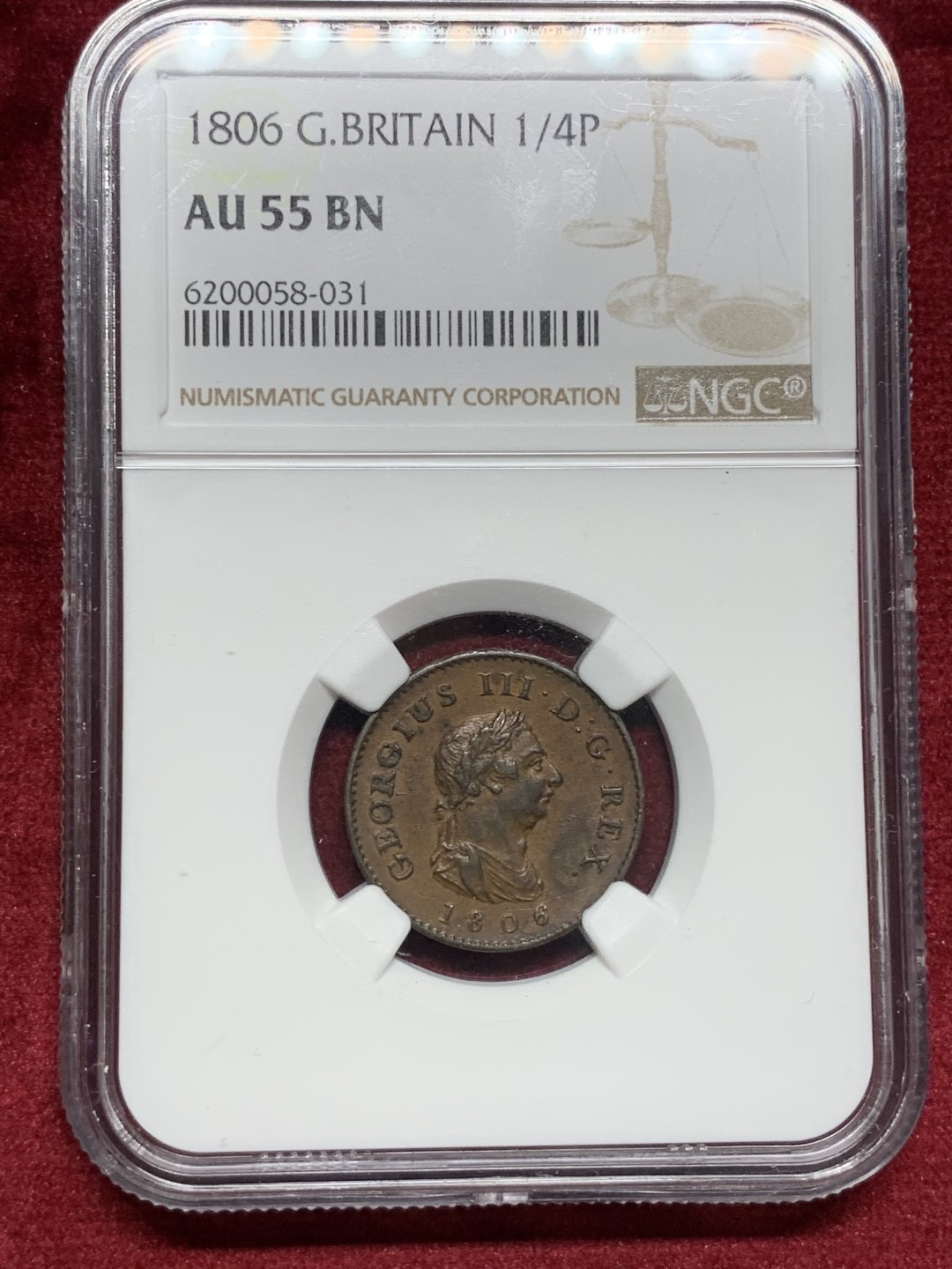 《竞宝斋》第76场-本周日，周一2场连拍（全场不限金额包邮） NGC-AU55BN 英国1806年1/4便士铜币 非常苛刻的严评 人像面高点几无损失