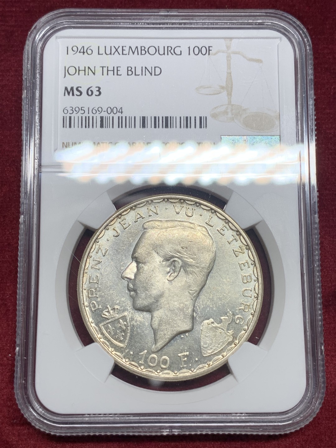 《竞宝斋》第76场-本周日，周一2场连拍（全场不限金额包邮） NGC-MS63 卢森堡 1946年 马剑100法郎 大银币少见品种