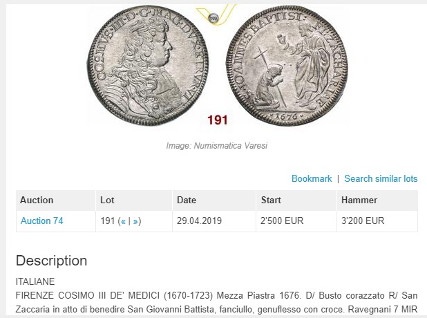 《竞宝斋》第76场-本周日，周一2场连拍（全场不限金额包邮） 唯一冠军 NGC MS63意大利托斯卡纳大公国1676年科西莫三世·德·美第奇1/2piastre。佛罗伦萨铸。单年版，19年一枚略差的裸币 2.7W成交