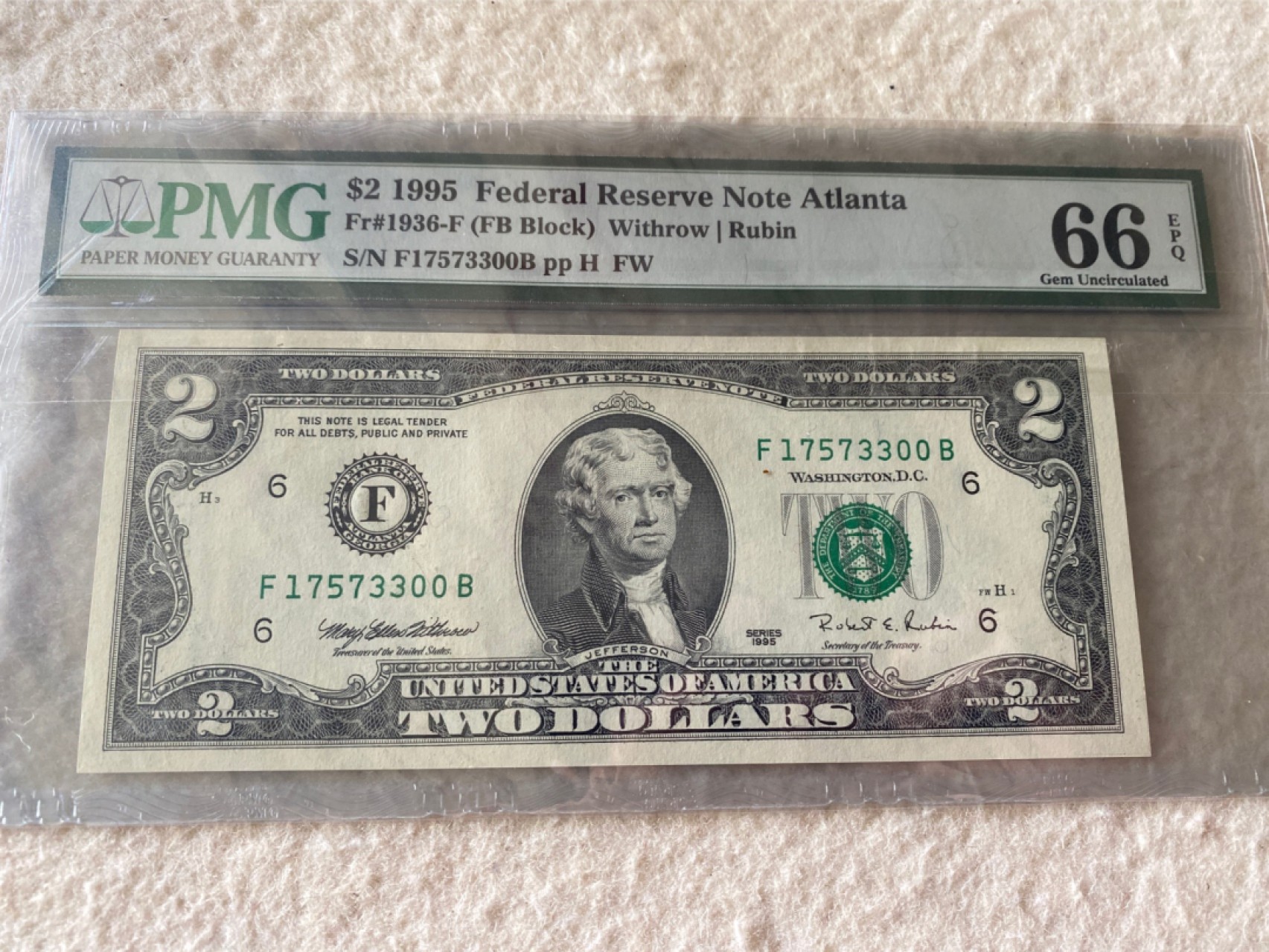 收藏联盟Quantum Auction 第177期拍卖 1995年美国2元 PMG66E