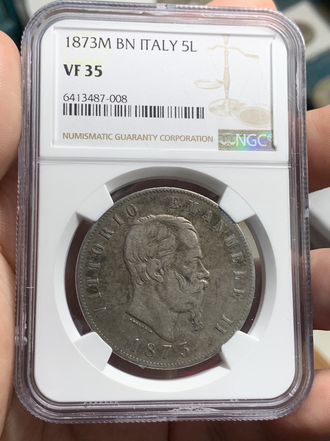 《竞宝斋》第76场-本周日，周一2场连拍（全场不限金额包邮） NGC VF35 意大利 1873年埃马努埃莱二世五里拉银币 老包浆