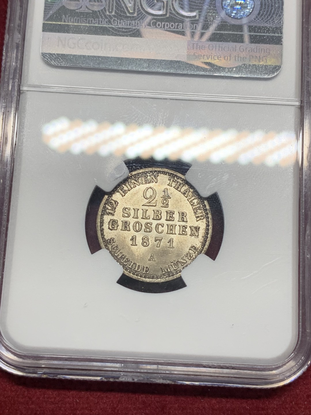 《竞宝斋》第76场-本周日，周一2场连拍（全场不限金额包邮） NGC-MS64 德国 普鲁士1871年2.5格罗申银币 车轮转光 金色包浆 收藏级完美品相精品德系辅币