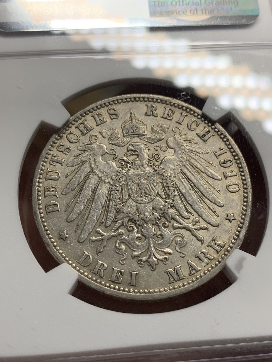 《竞宝斋》第76场-本周日，周一2场连拍（全场不限金额包邮） NGC-AU55 德国汉堡双狮 1910年J厂 3马克 银币 发行量较少 细节清晰