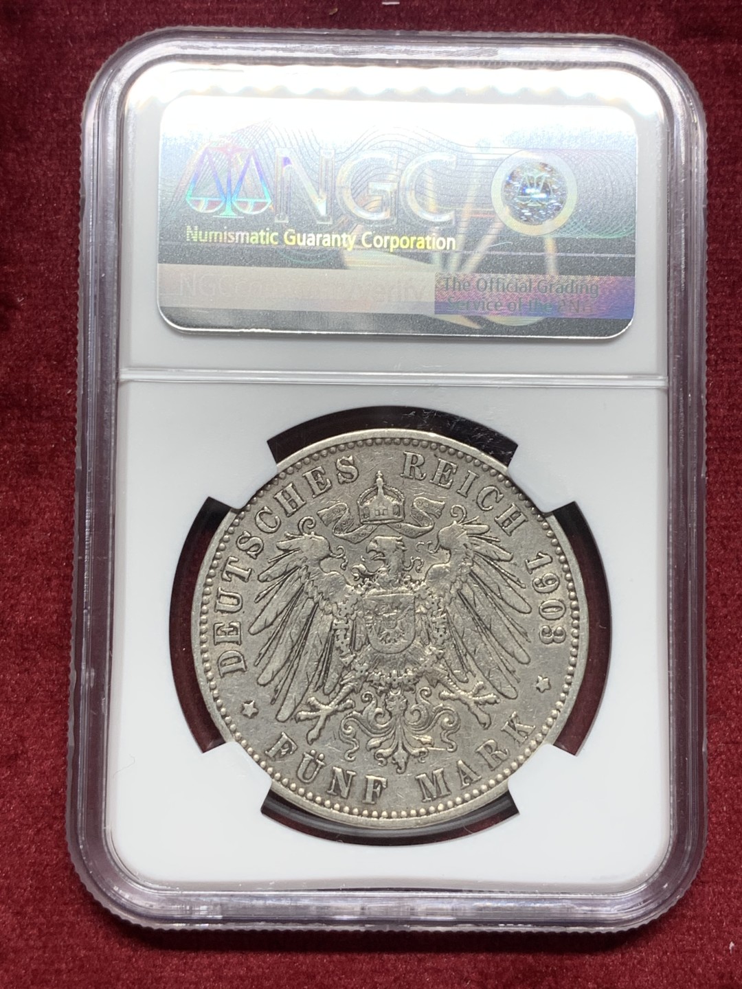 《竞宝斋》第76场-本周日，周一2场连拍（全场不限金额包邮） NGC-XF40 德国汉堡双狮 1903年J厂 5马克 银币 发行量较少 细节不错