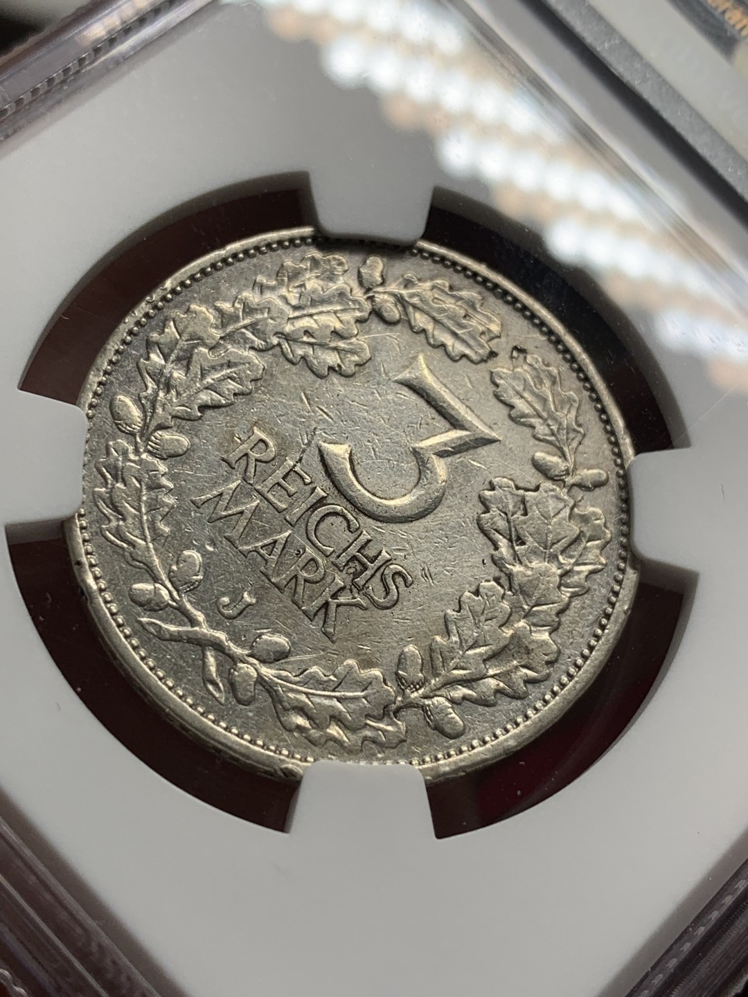 《竞宝斋》第76场-本周日，周一2场连拍（全场不限金额包邮） NGC-XFD 德国魏玛时期莱茵千年 1925年J厂  3马克 银币 细节清晰