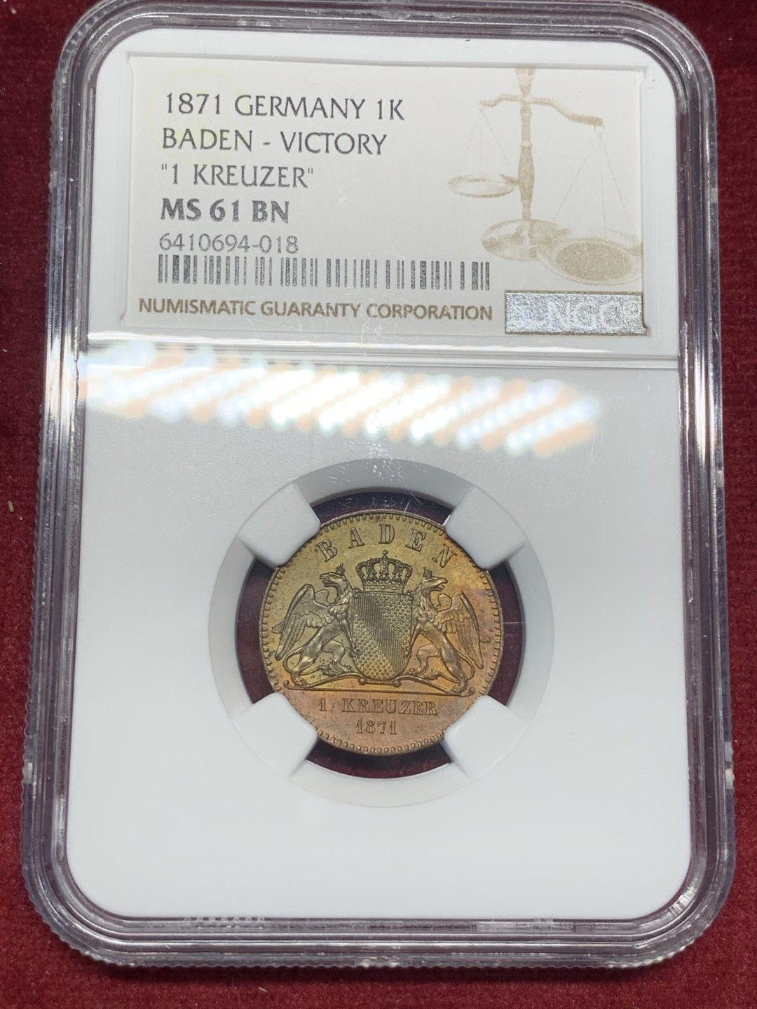《竞宝斋》第76场-本周日，周一2场连拍（全场不限金额包邮） NGC-MS61BN  德国巴登1871年普法胜利双狮1K ，品很好明显低评很多