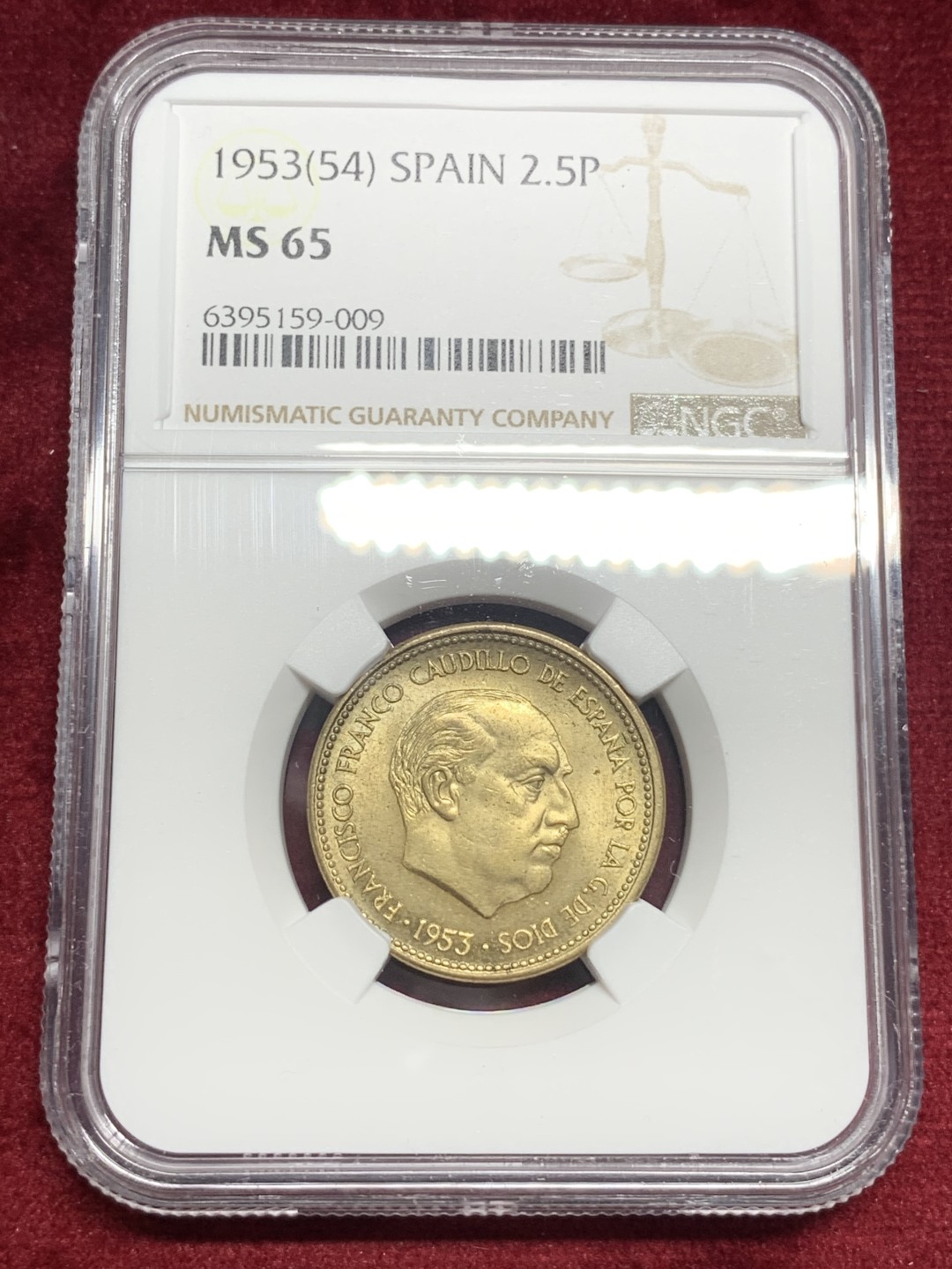 《竞宝斋》第76场-本周日，周一2场连拍（全场不限金额包邮） NGC-MS65 西班牙 1953年 佛朗哥 2.5比塞塔 铜币 少见面值 稀少品种