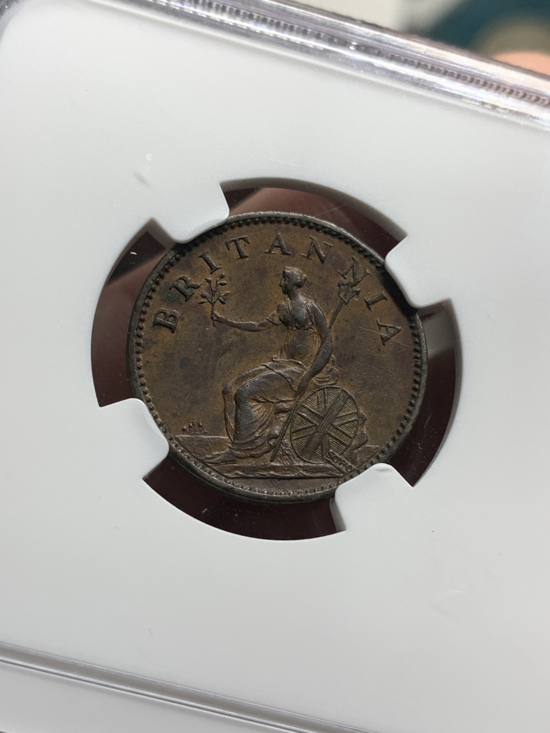 《竞宝斋》第76场-本周日，周一2场连拍（全场不限金额包邮） NGC-AU55BN 英国1806年1/4便士铜币 非常苛刻的严评 人像面高点几无损失