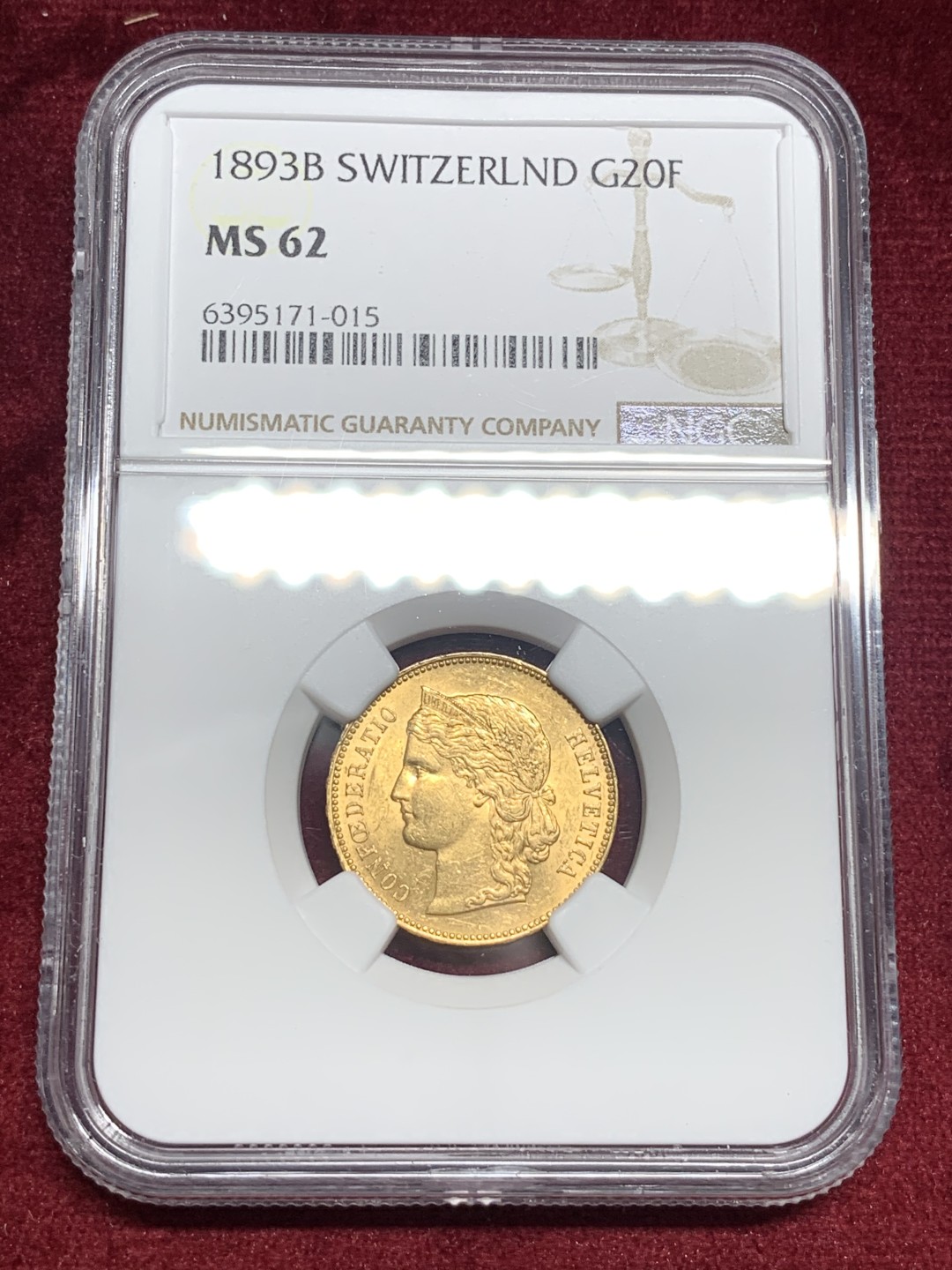 《竞宝斋》第76场-本周日，周一2场连拍（全场不限金额包邮） NGC-MS62 瑞士1893年 早期女人头像 20法郎金币 稀少的早期版 能上MS就更加难了