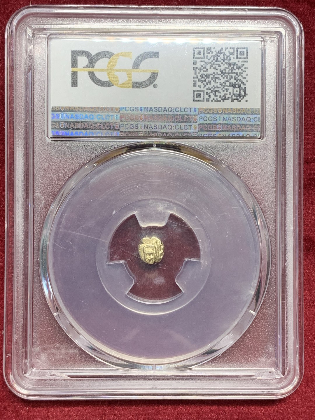 《竞宝斋》第76场-本周日，周一2场连拍（全场不限金额包邮） PCGS MS63 原光印度1638-1662年间迈索尔1法南金币，正面毗湿奴神像，背面印度文字，盒子背面有小磕